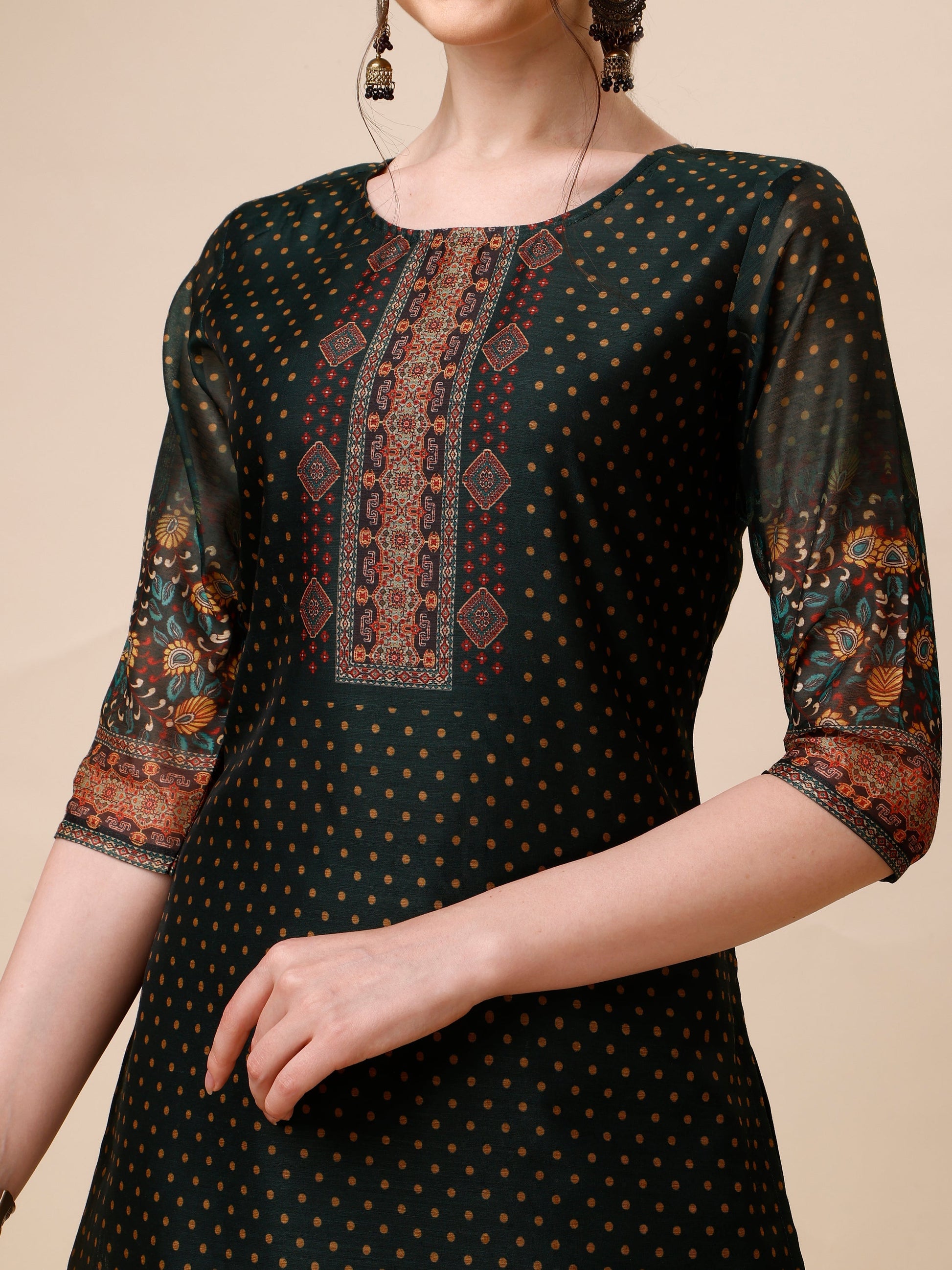 Polka & Floral Printed Chanderi Kurta With Pant & Dupatta, Multicolor - Hiral Fashion