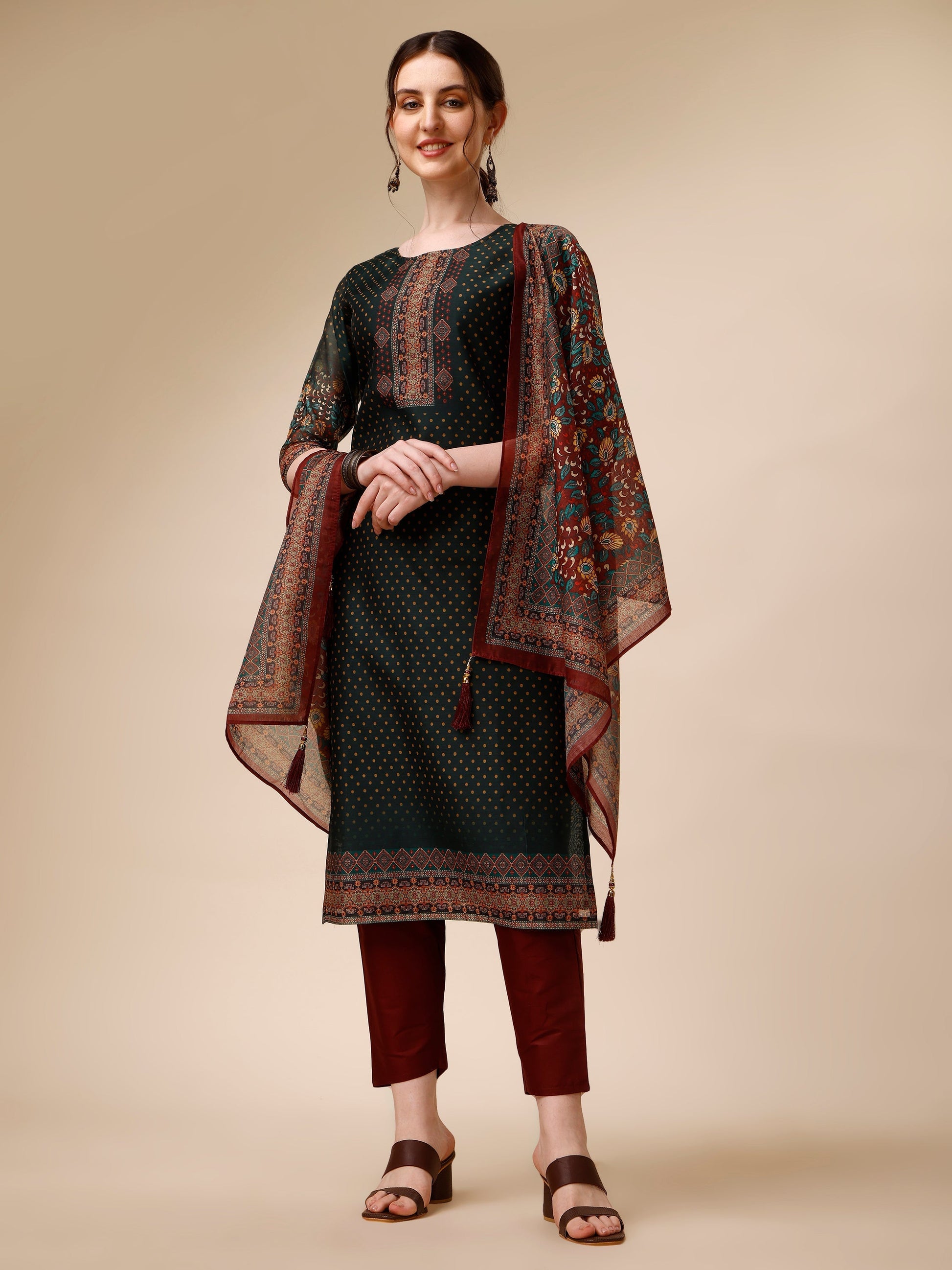Polka & Floral Printed Chanderi Kurta With Pant & Dupatta, Multicolor - Hiral Fashion