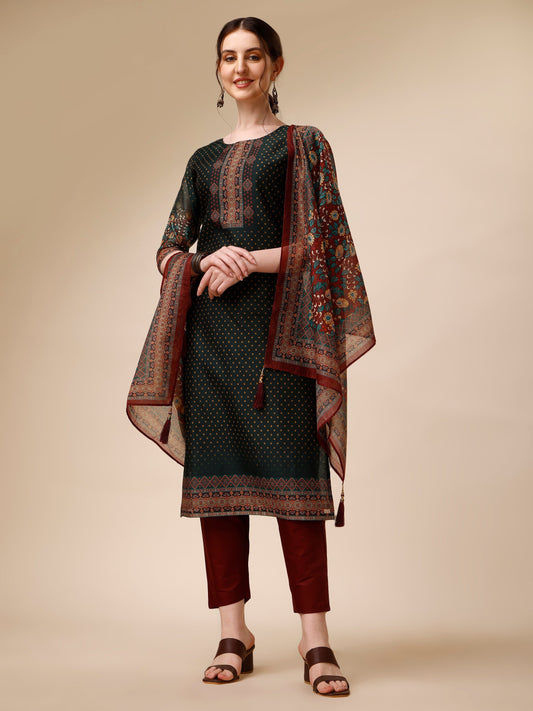 Polka & Floral Printed Chanderi Kurta With Pant & Dupatta, Multicolor - Hiral Fashion