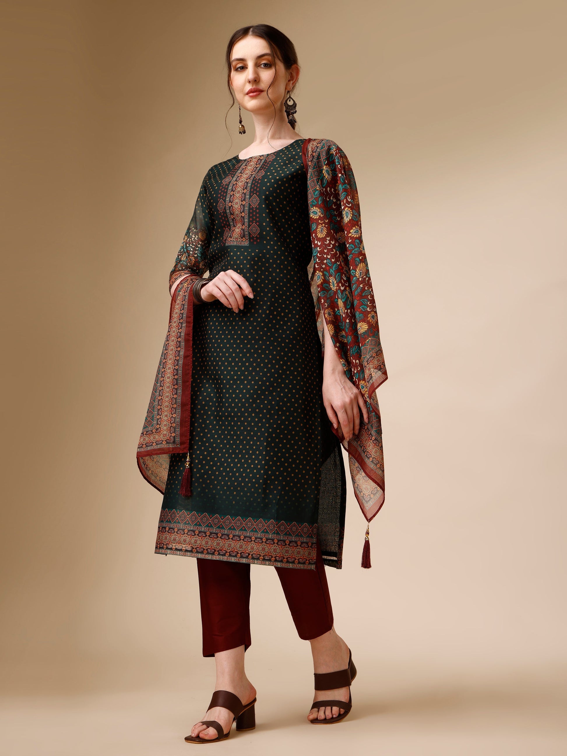 Polka & Floral Printed Chanderi Kurta With Pant & Dupatta, Multicolor - Hiral Fashion