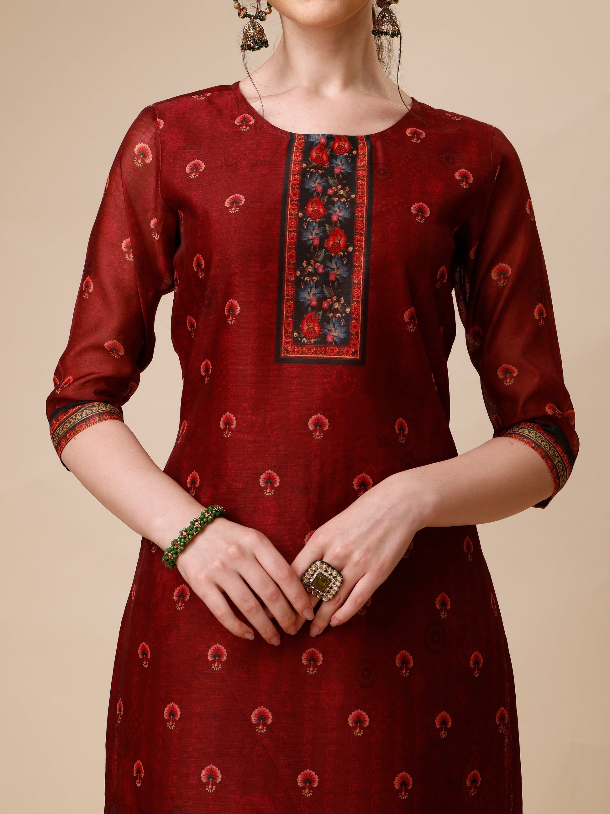Peacock Printed Chanderi Kurta With Pant & Printed Dupatta, Multicolor - Hiral Fashion