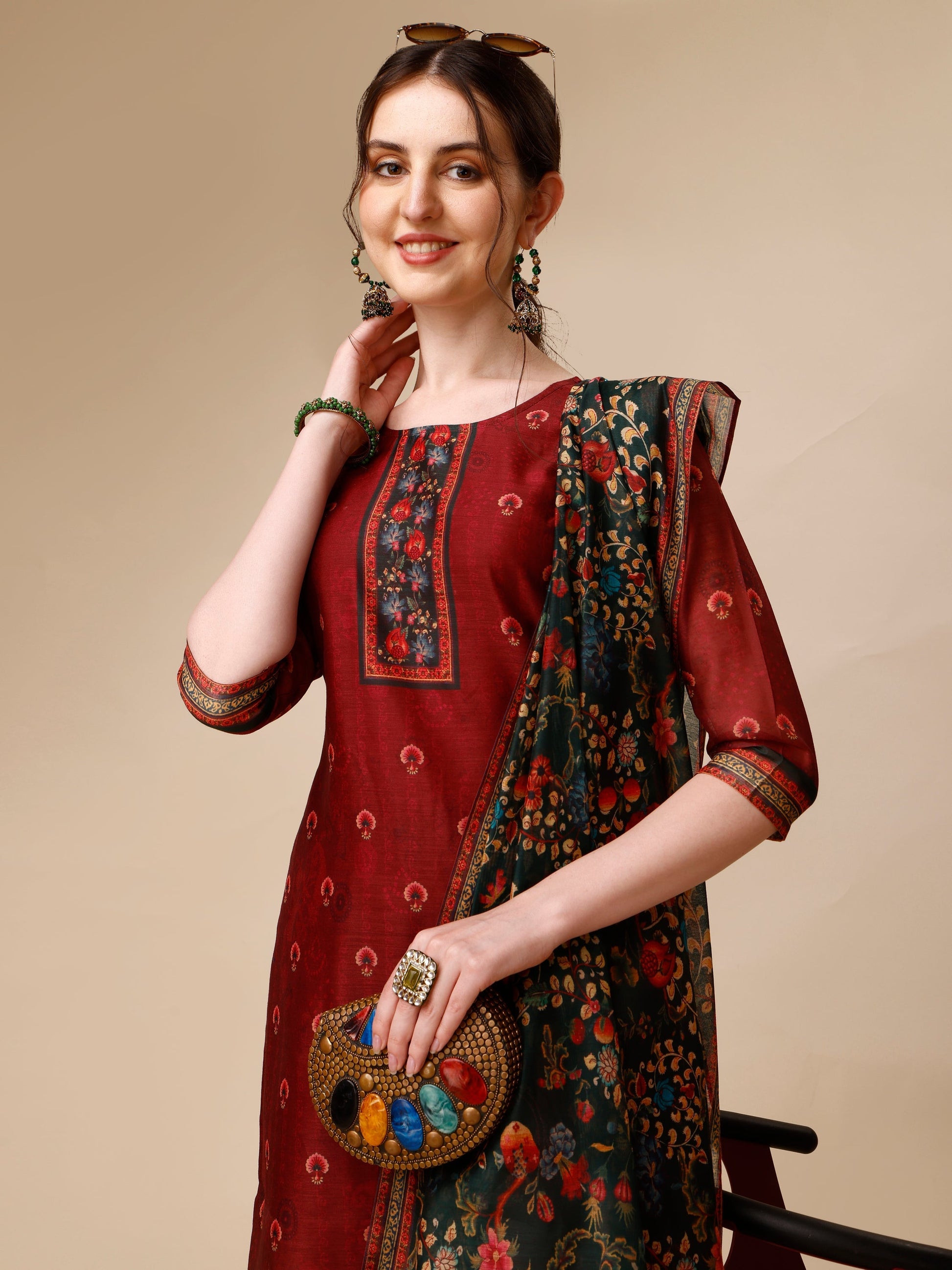 Peacock Printed Chanderi Kurta With Pant & Printed Dupatta, Multicolor - Hiral Fashion
