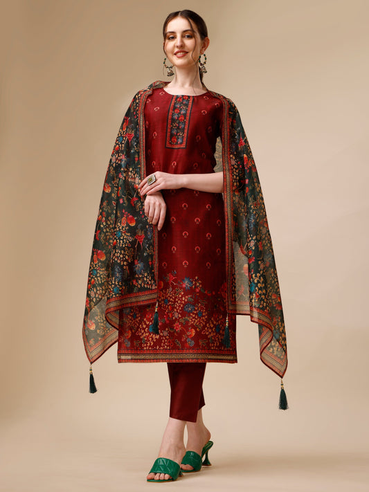 Peacock Printed Chanderi Kurta With Pant & Printed Dupatta, Multicolor - Hiral Fashion