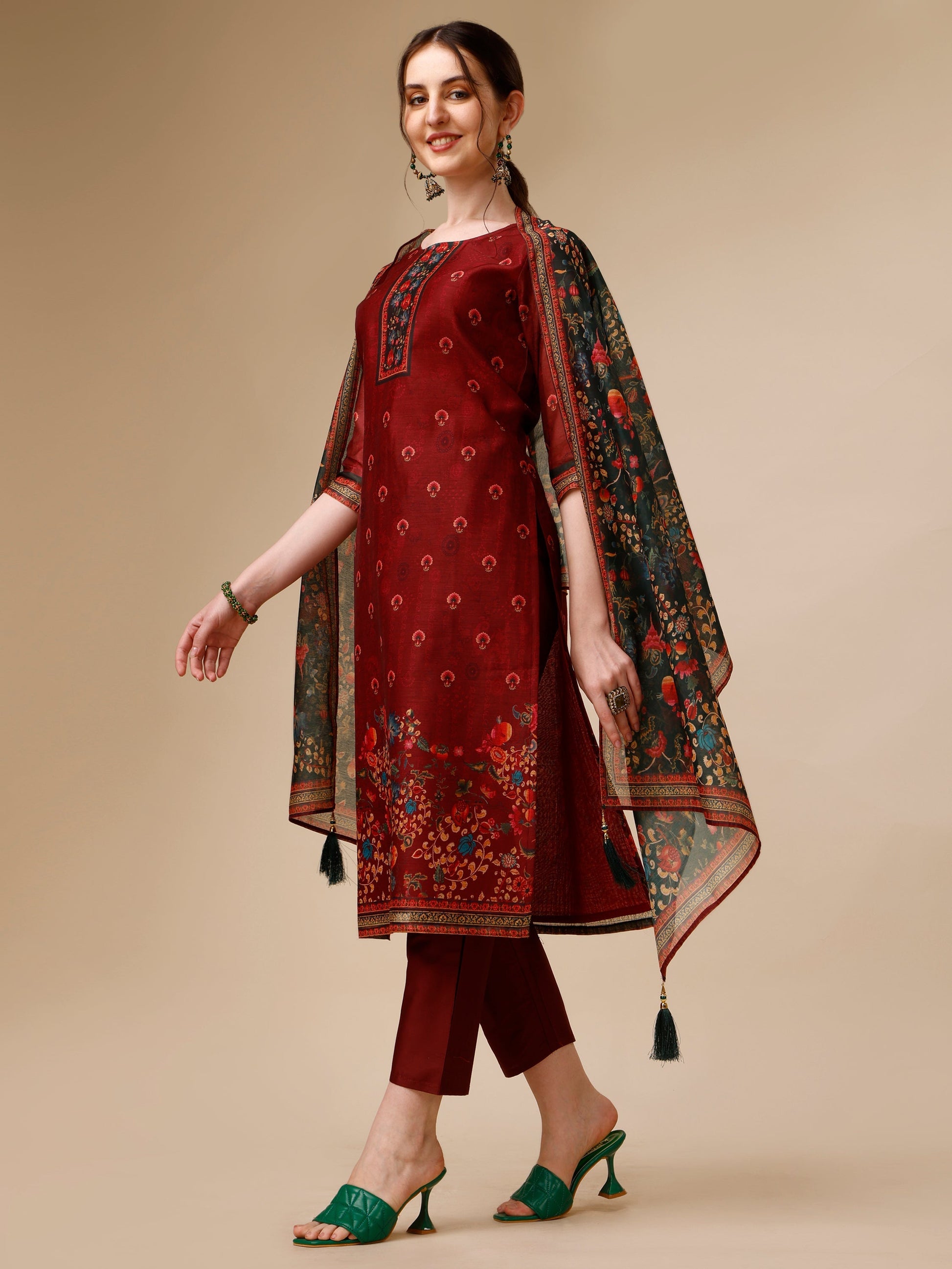 Peacock Printed Chanderi Kurta With Pant & Printed Dupatta, Multicolor - Hiral Fashion