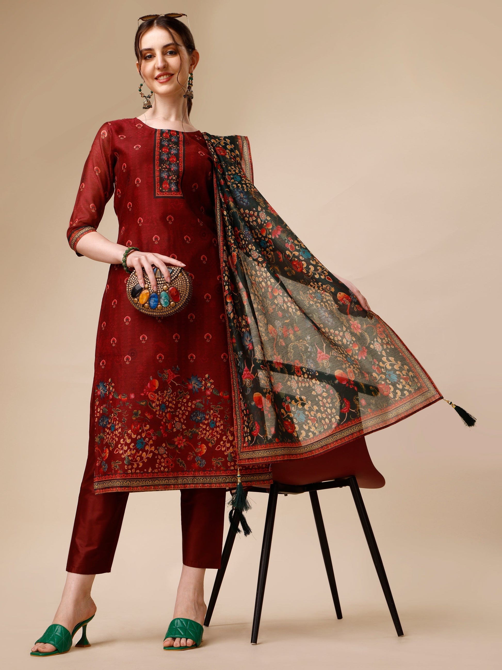 Peacock Printed Chanderi Kurta With Pant & Printed Dupatta, Multicolor - Hiral Fashion