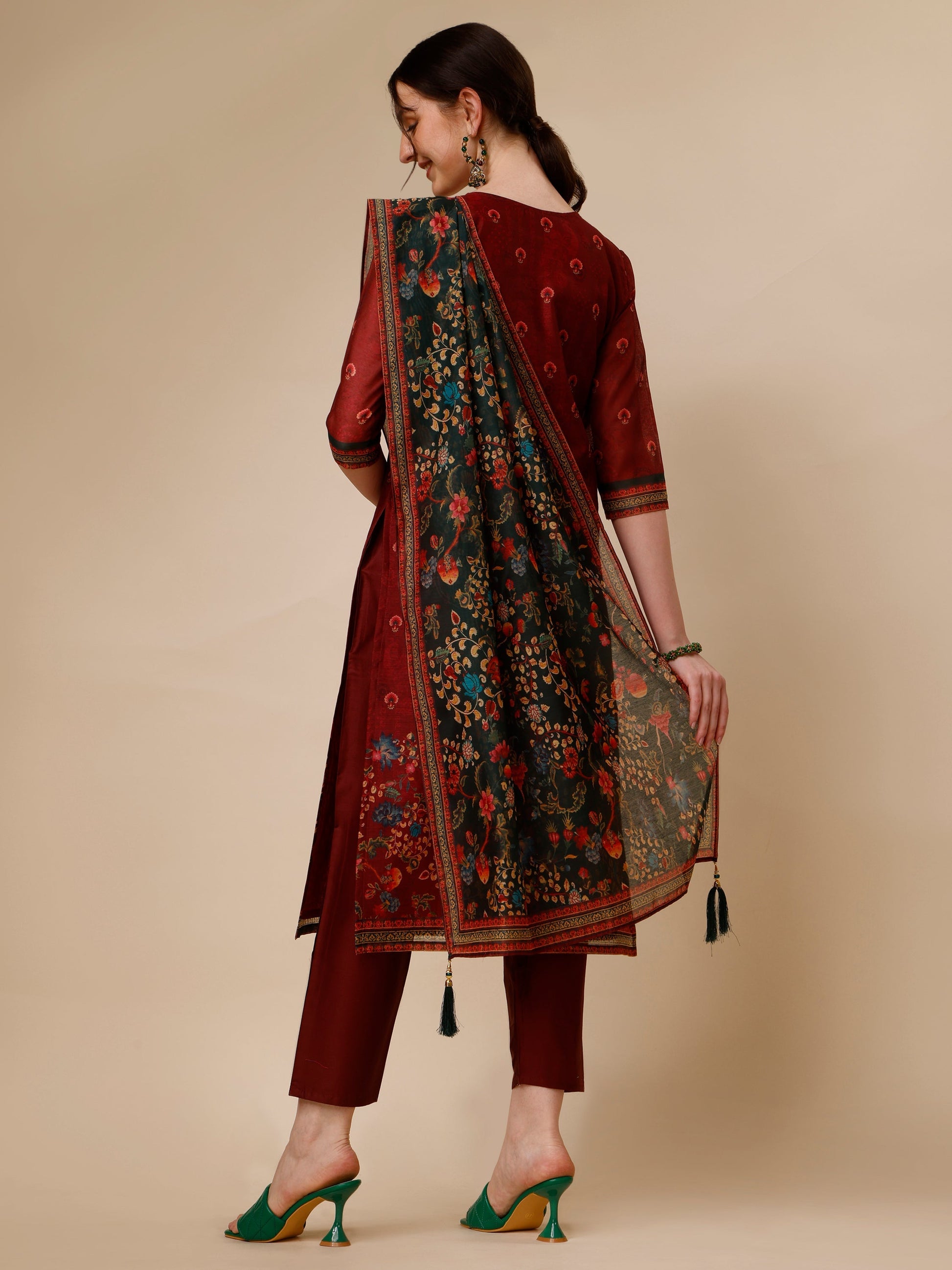 Peacock Printed Chanderi Kurta With Pant & Printed Dupatta, Multicolor - Hiral Fashion