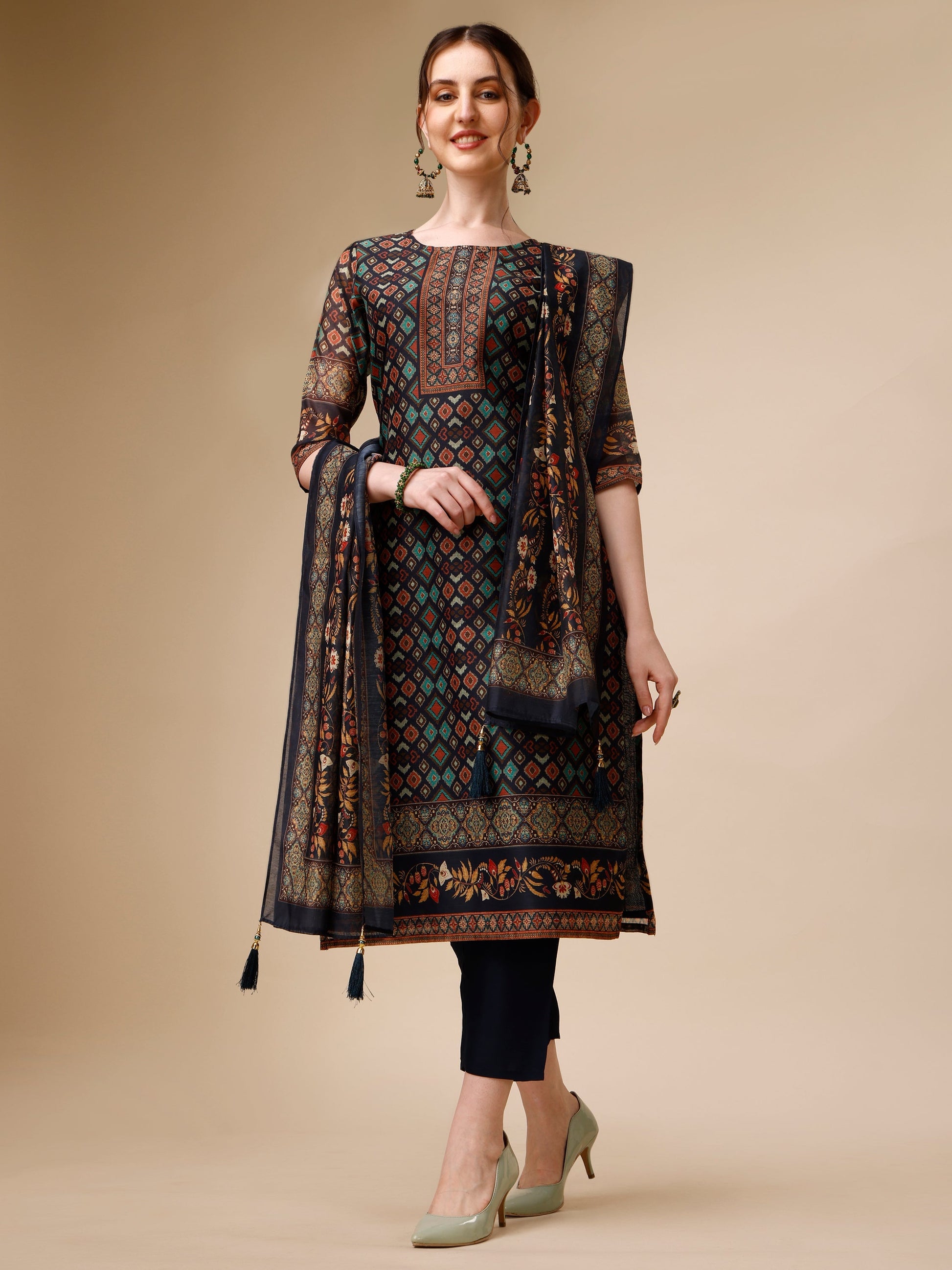 Ethnic Motif Printed Kurta With Pant & Printed Dupatta, Multicolor - Hiral Fashion