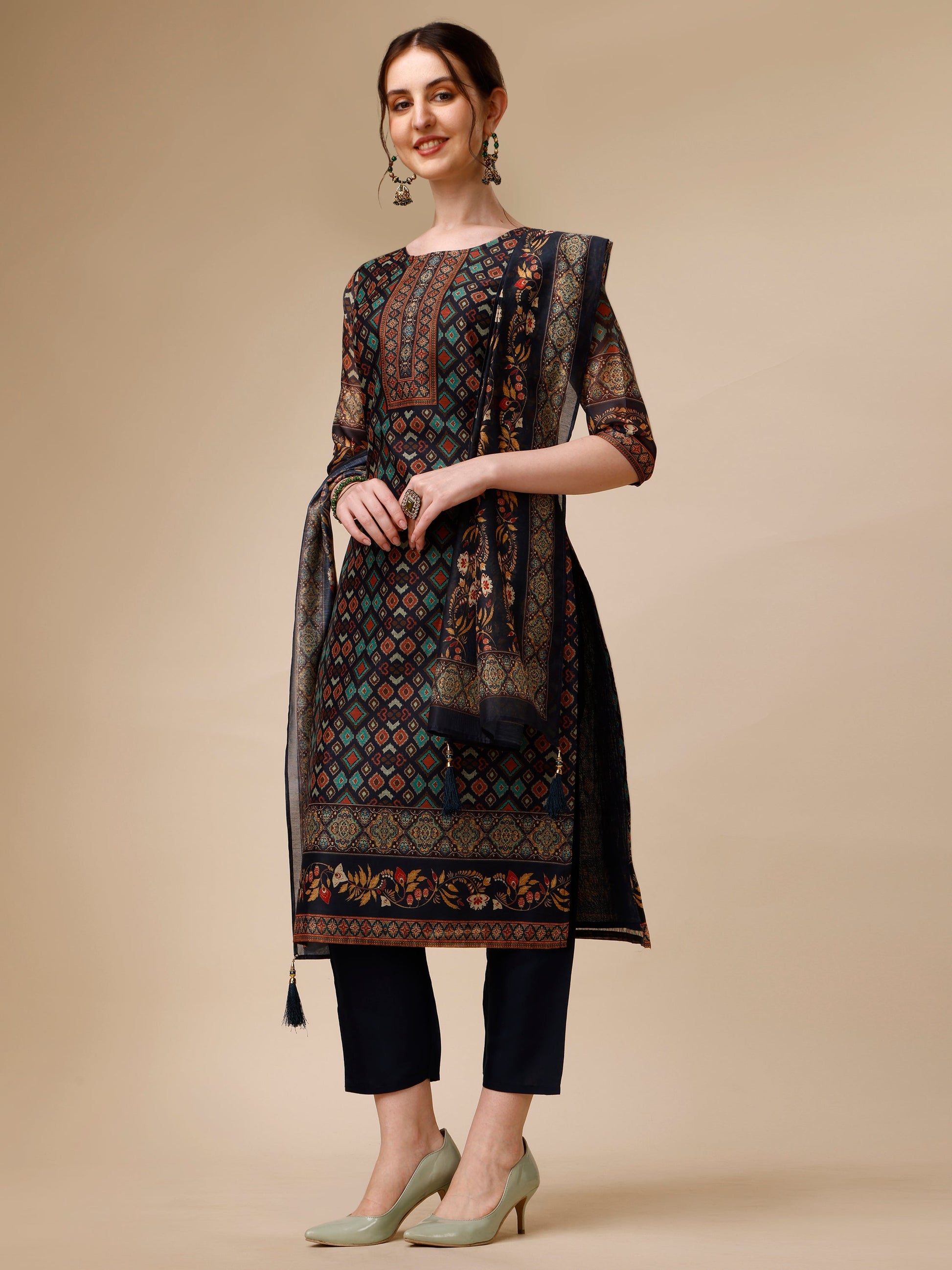 Ethnic Motif Printed Kurta With Pant & Printed Dupatta, Multicolor - Hiral Fashion