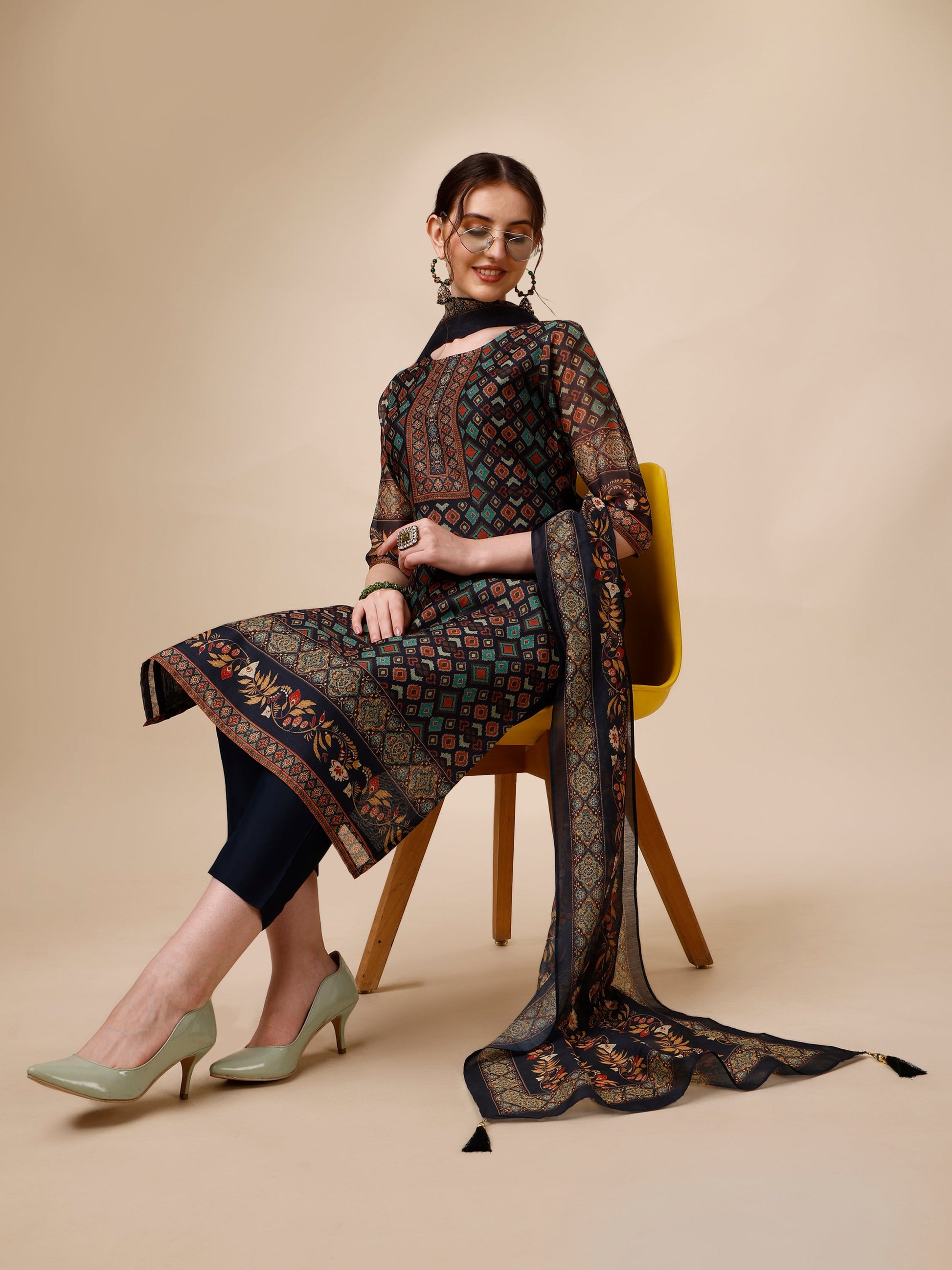 Ethnic Motif Printed Kurta With Pant & Printed Dupatta, Multicolor - Hiral Fashion