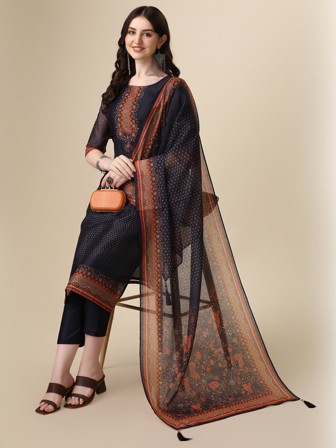 Printed & Hand Embroidered Kurta With Pant And Printed Dupatta Set, Multicolor - Hiral Fashion