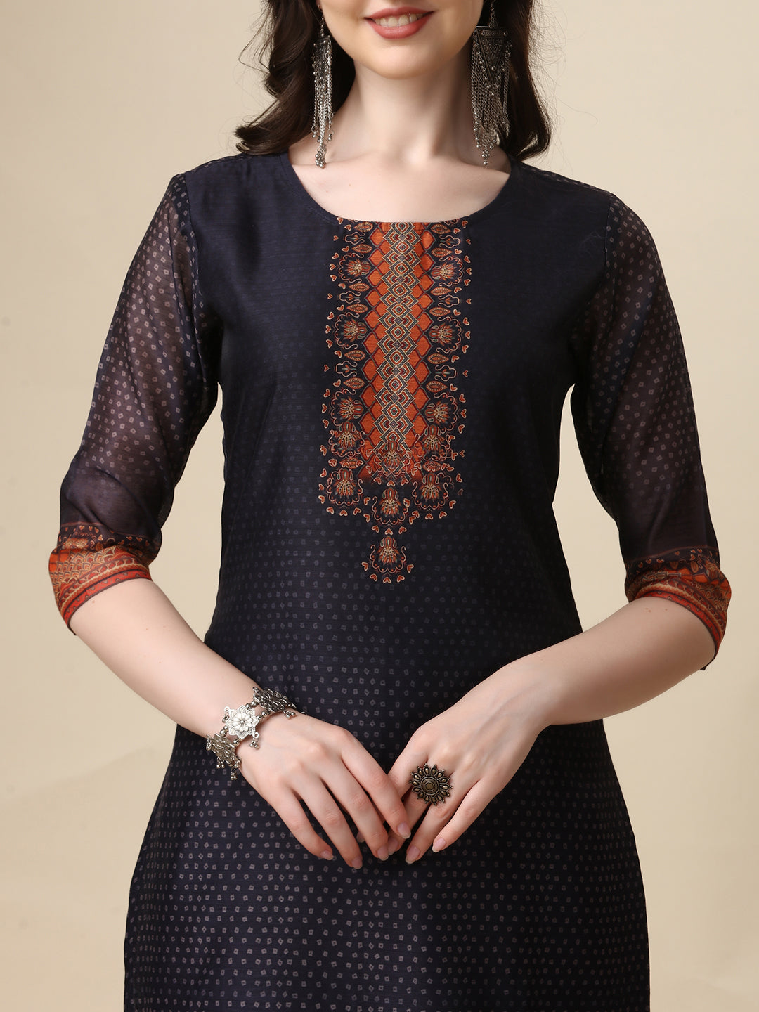 Printed & Hand Embroidered Kurta With Pant And Printed Dupatta Set, Multicolor - Hiral Fashion