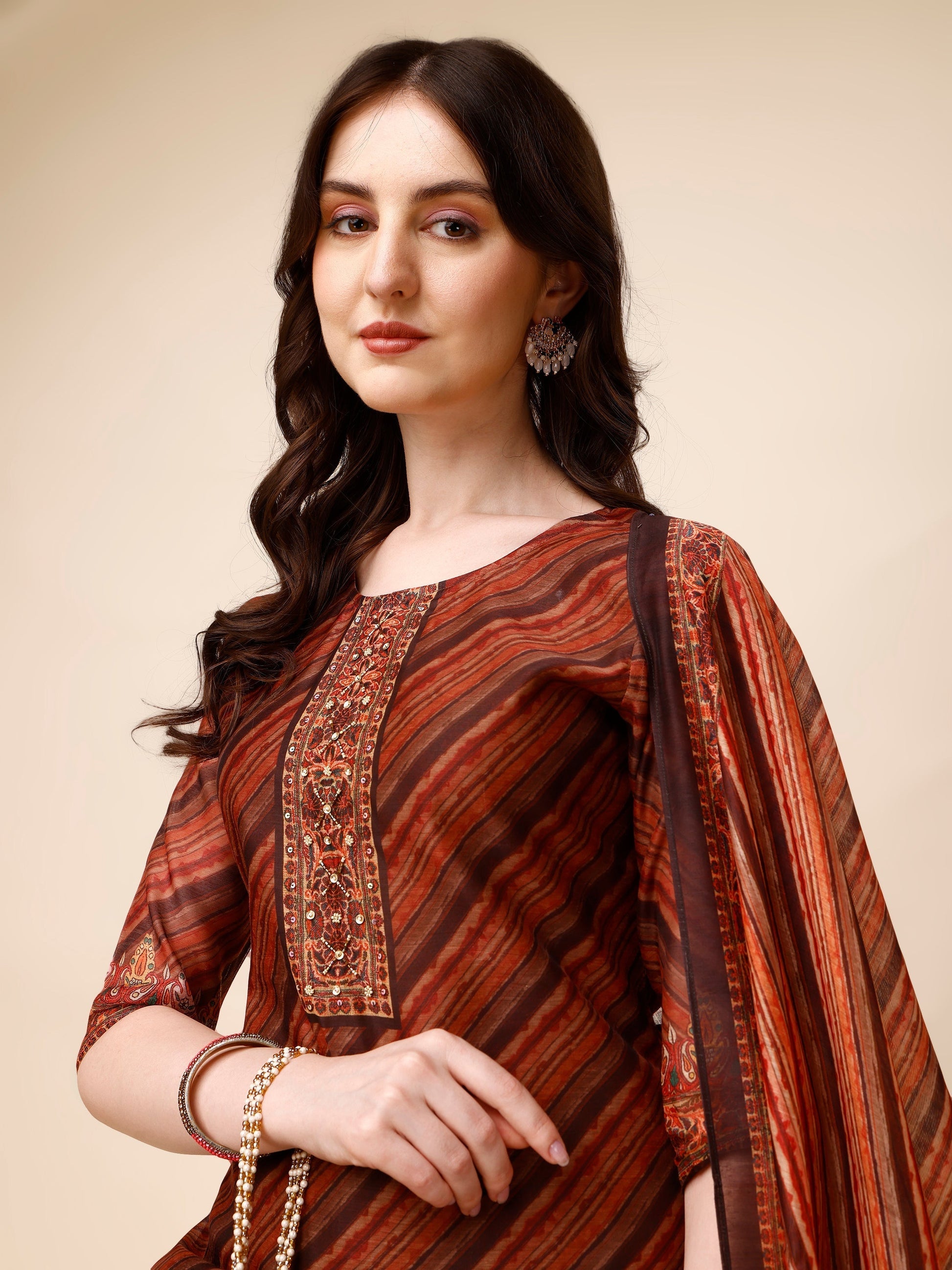 Leheriya Printed & Embroidered Kurta With Pant And Dupatta Set, Multicolor - Hiral Fashion