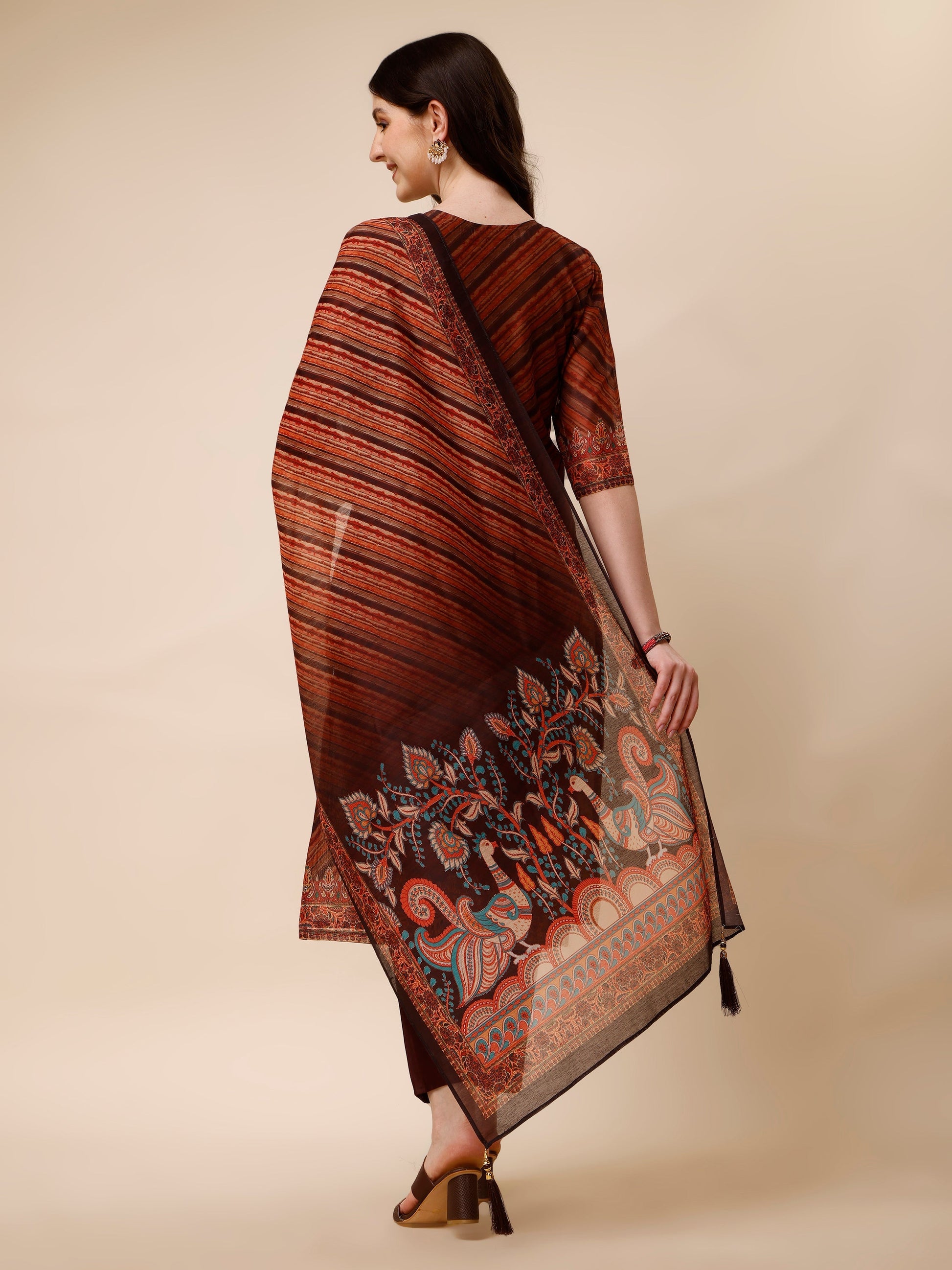 Leheriya Printed & Embroidered Kurta With Pant And Dupatta Set, Multicolor - Hiral Fashion