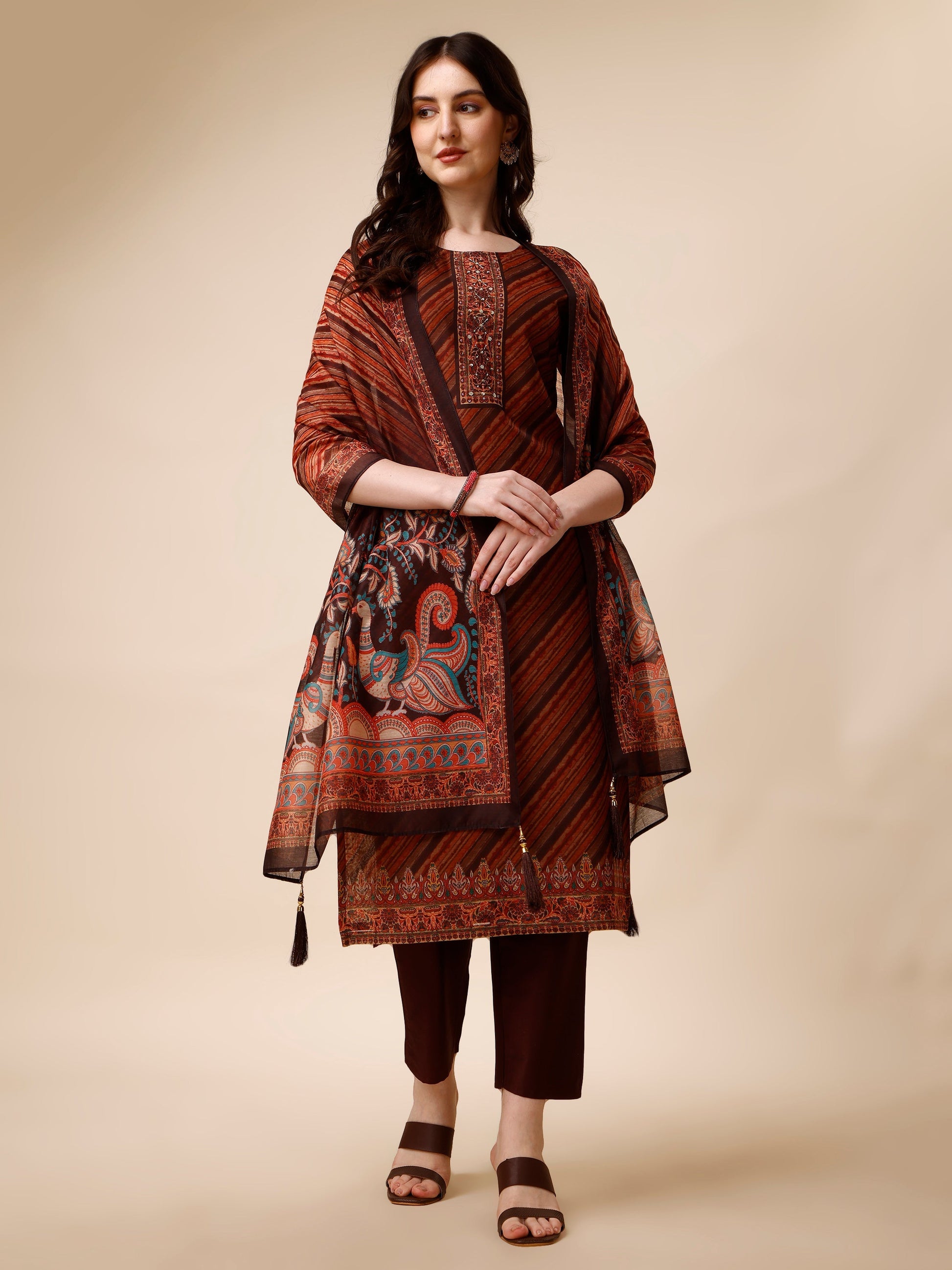 Leheriya Printed & Embroidered Kurta With Pant And Dupatta Set, Multicolor - Hiral Fashion
