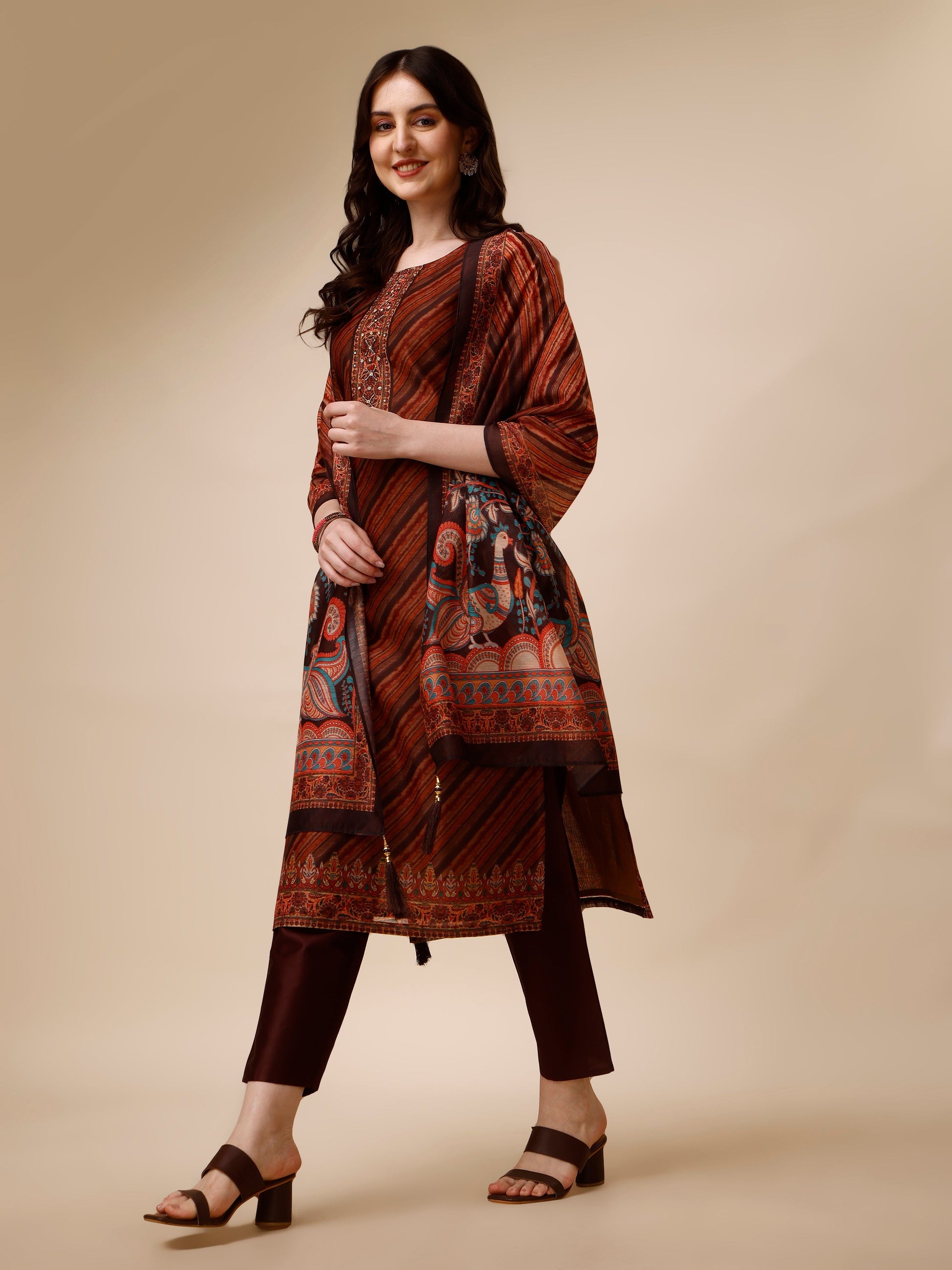 Leheriya Printed & Embroidered Kurta With Pant And Dupatta Set, Multicolor - Hiral Fashion