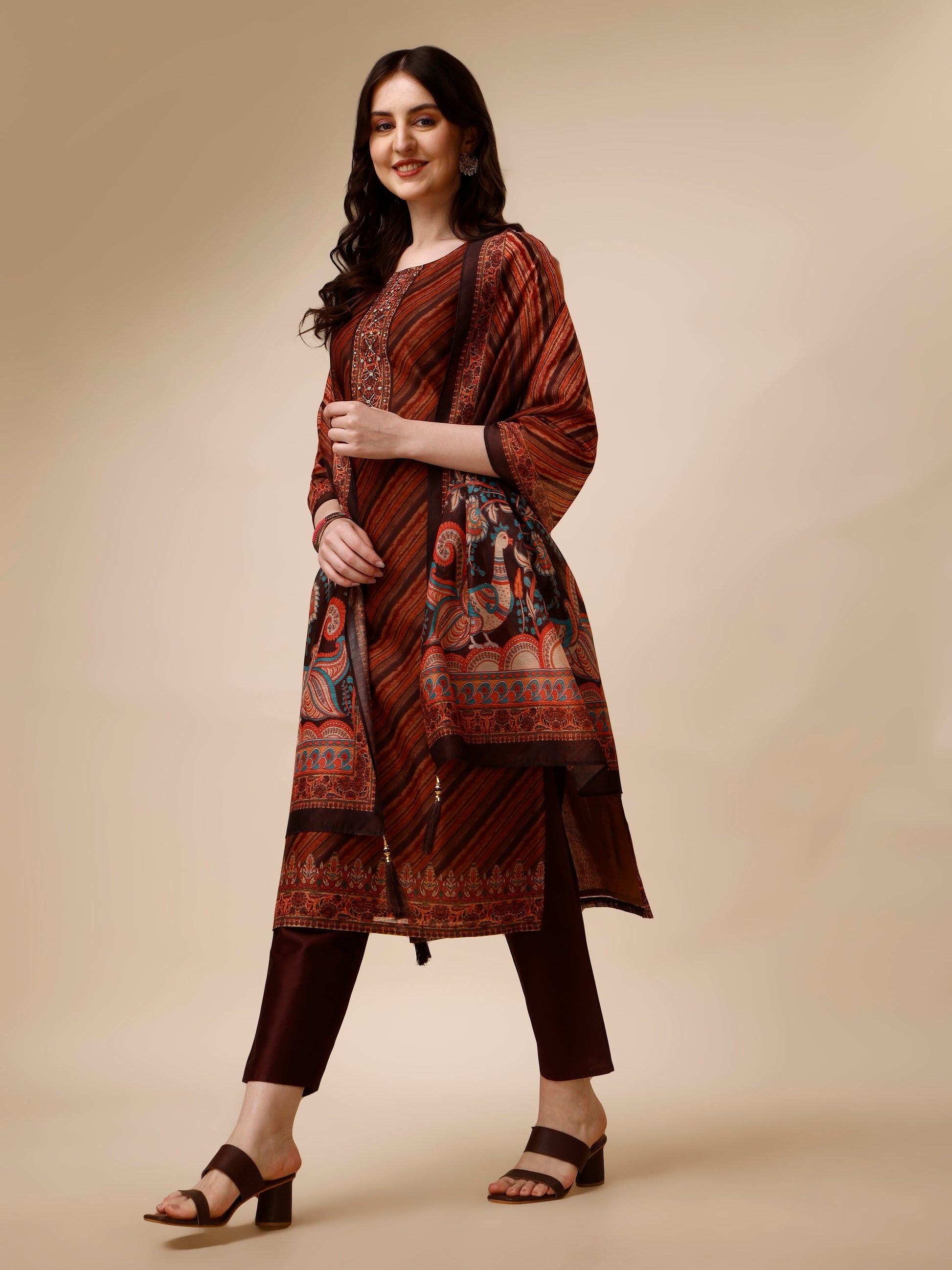 Leheriya Printed & Embroidered Kurta With Pant And Dupatta Set, Multicolor - Hiral Fashion