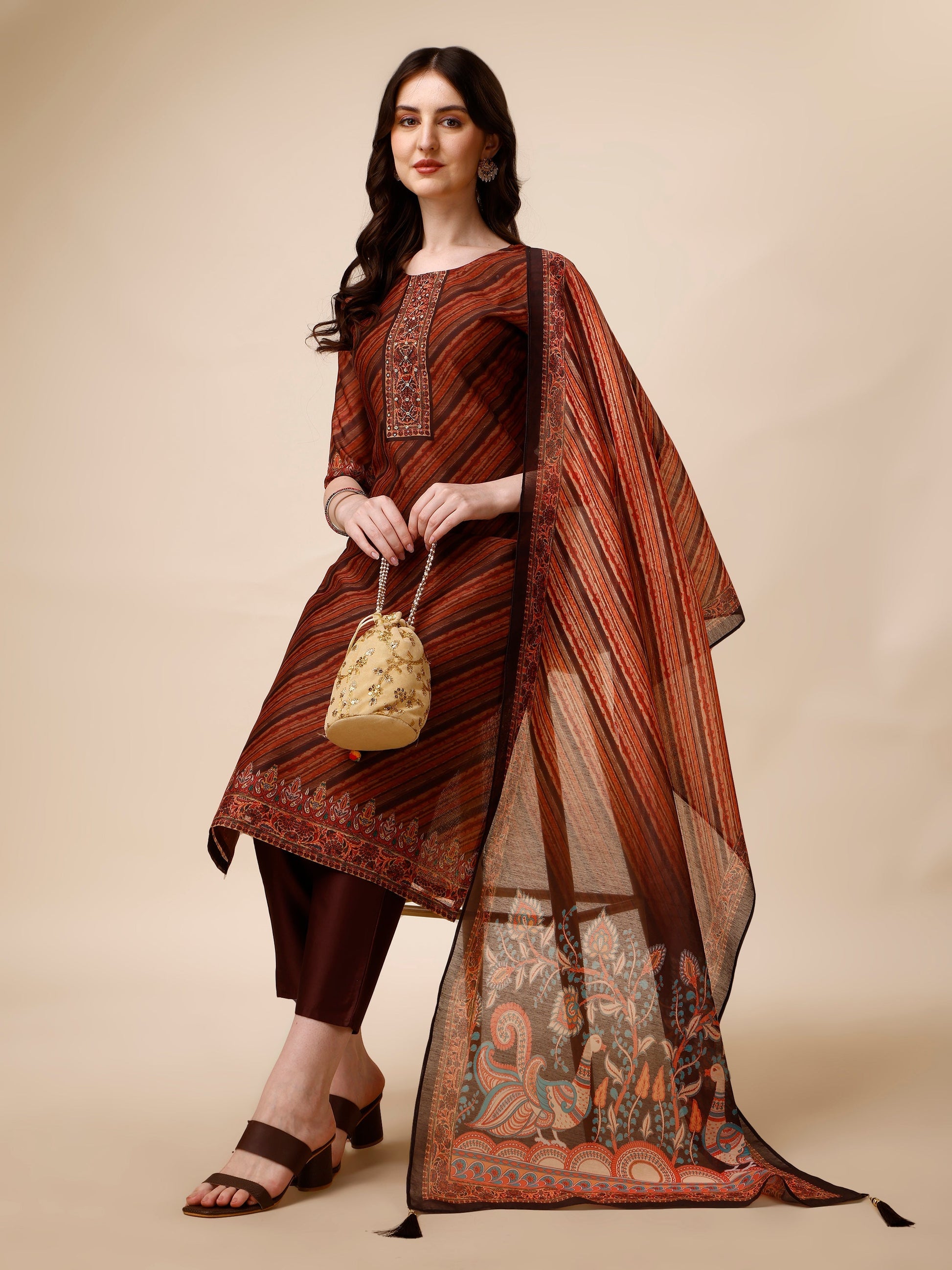 Leheriya Printed & Embroidered Kurta With Pant And Dupatta Set, Multicolor - Hiral Fashion