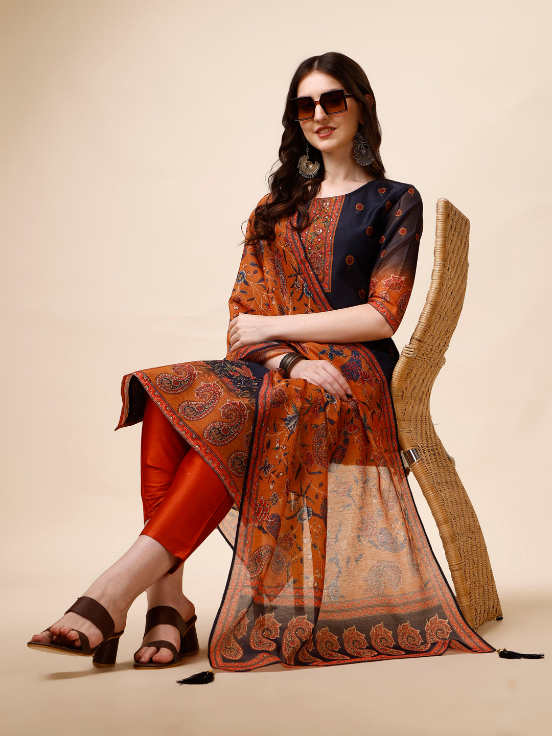 Ethnic Motif Printed & Embroidered Kurta With Pant & Dupatta Set, Multicolor - Hiral Fashion