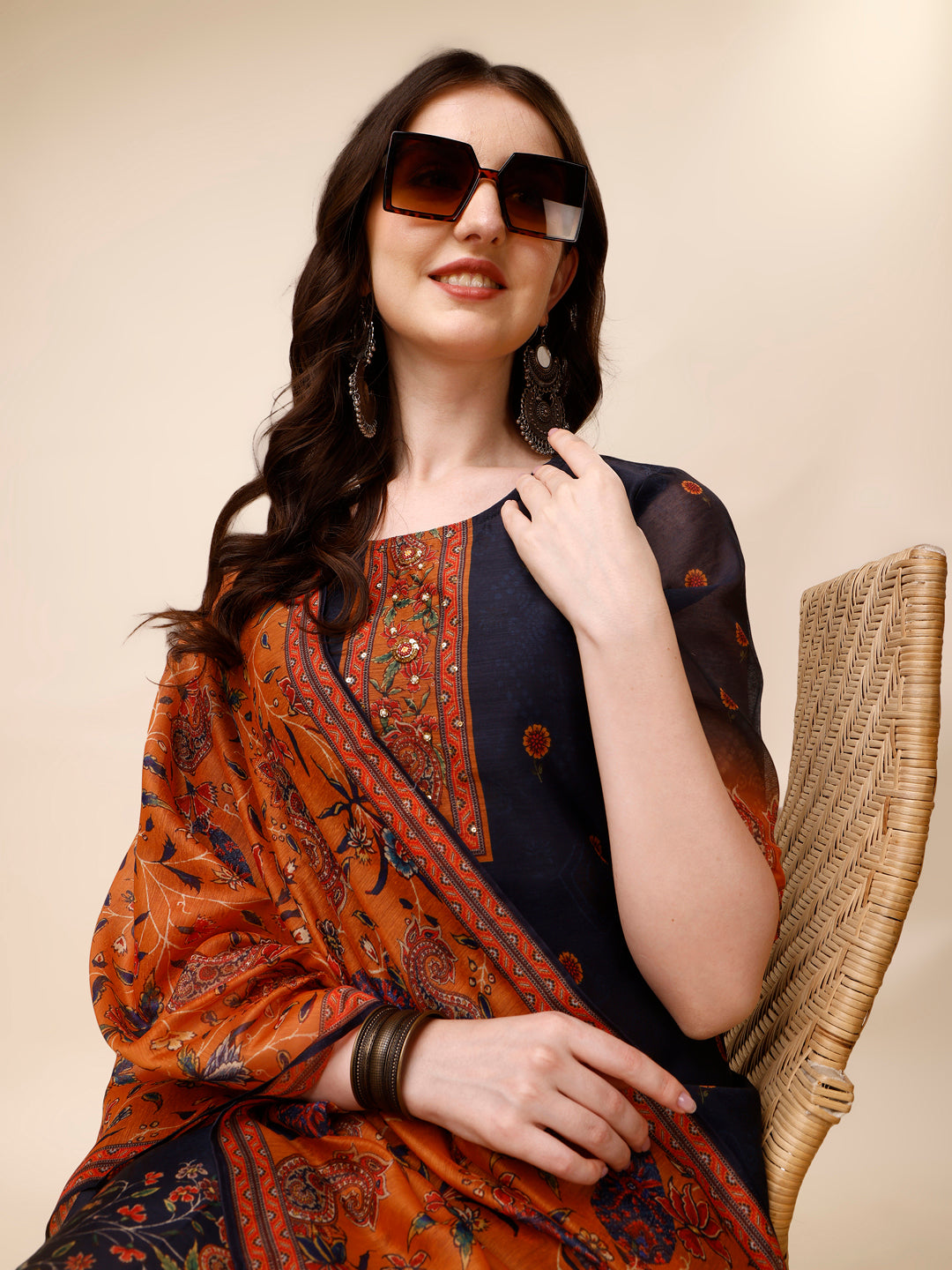 Ethnic Motif Printed & Embroidered Kurta With Pant & Dupatta Set, Multicolor - Hiral Fashion