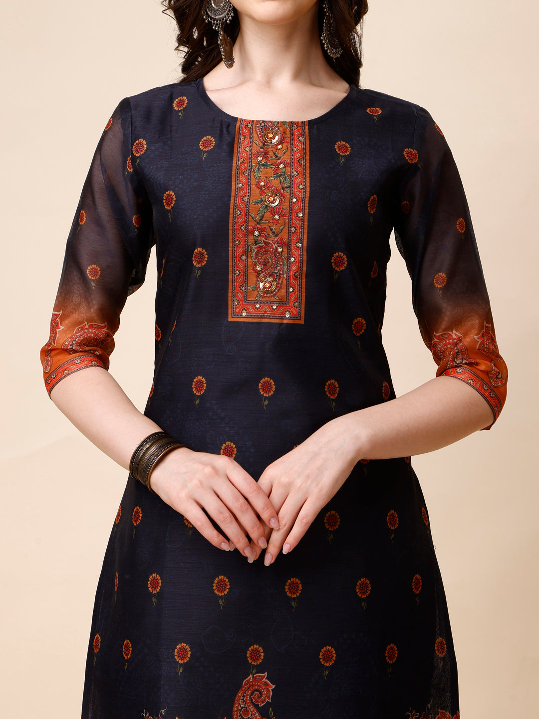 Ethnic Motif Printed & Embroidered Kurta With Pant & Dupatta Set, Multicolor - Hiral Fashion