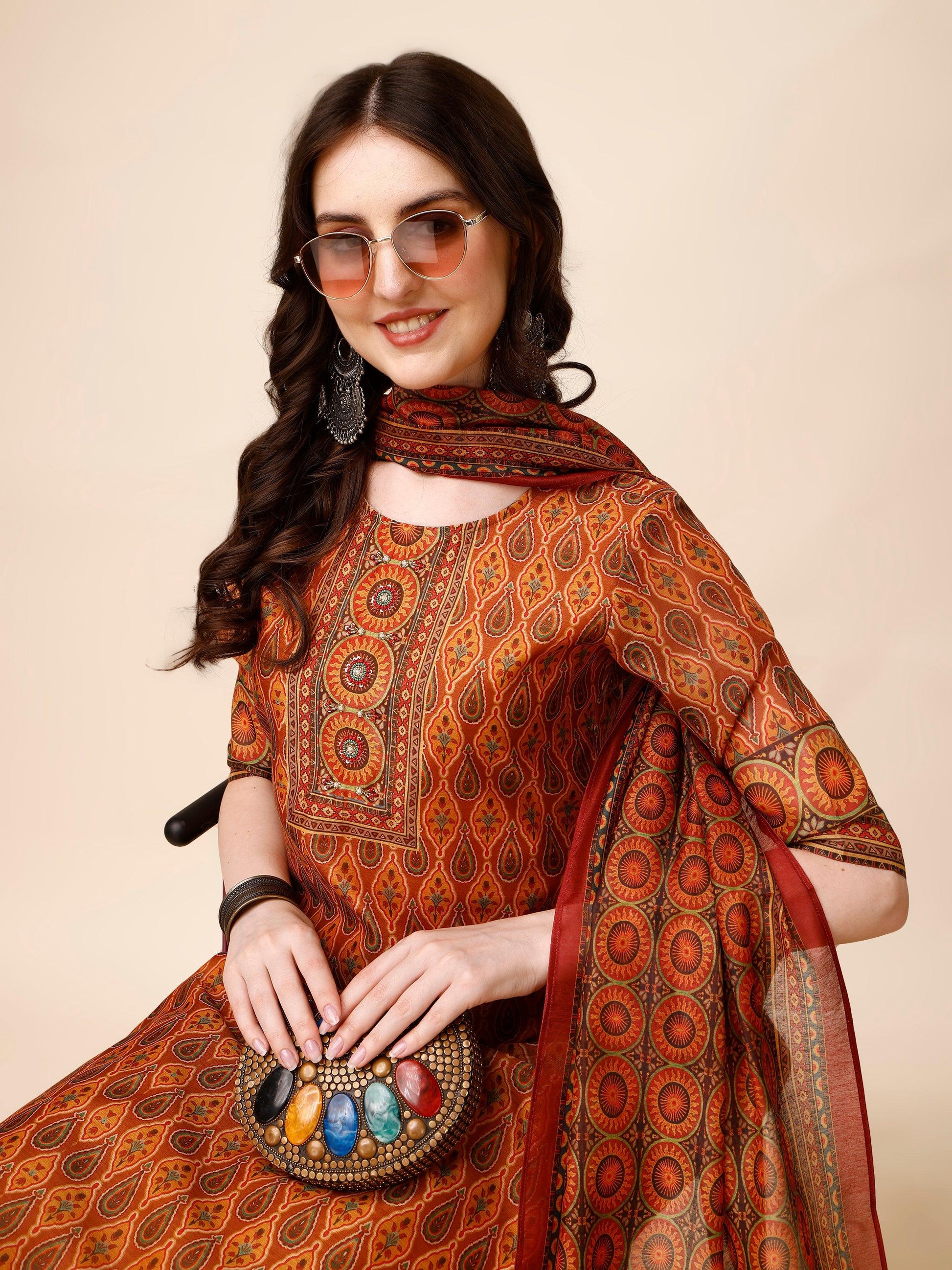Ethnic Motif Printed & Embroidered Kurta With Pant & Dupatta Set, Multicolor - Hiral Fashion
