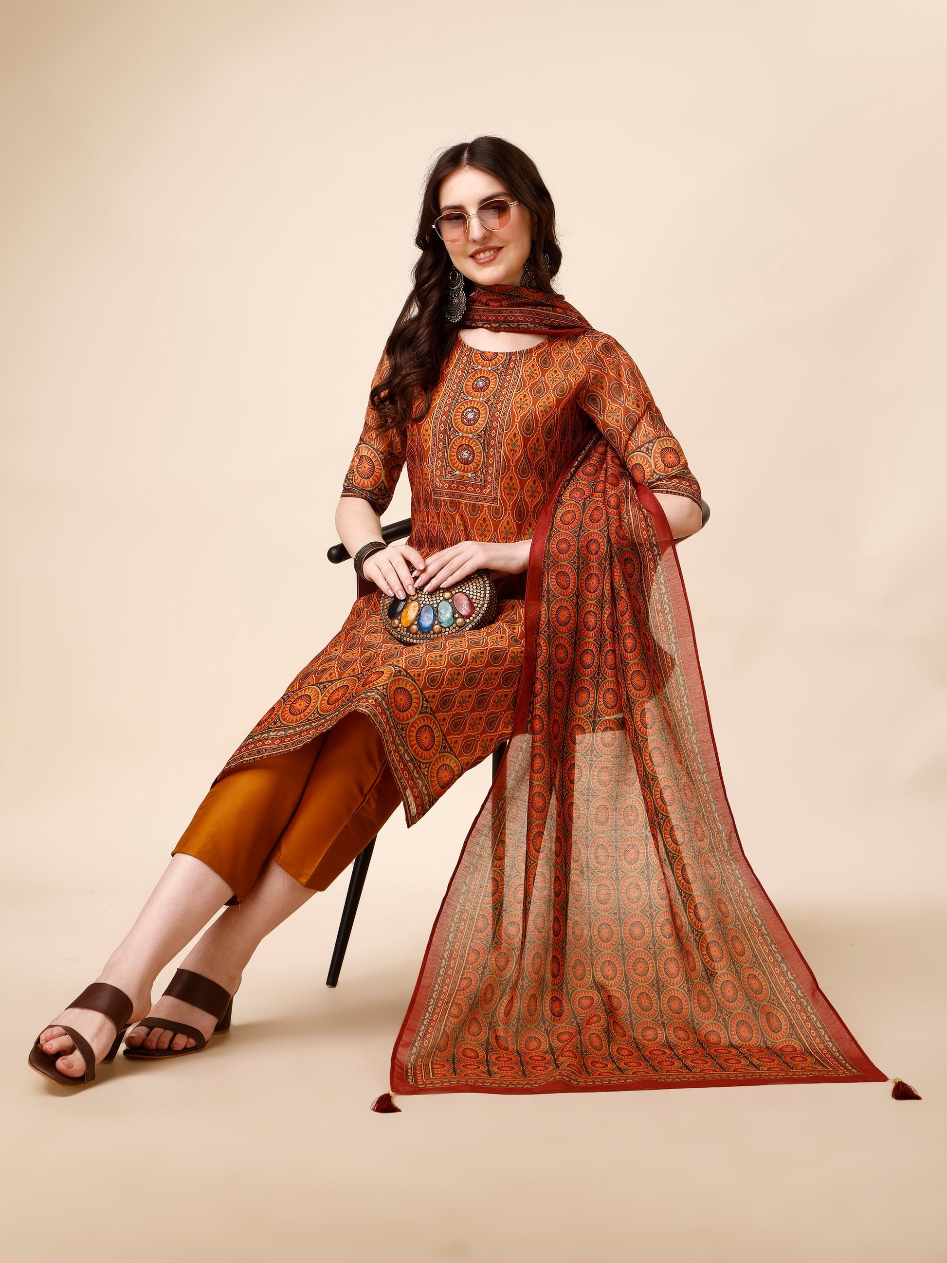 Ethnic Motif Printed & Embroidered Kurta With Pant & Dupatta Set, Multicolor - Hiral Fashion