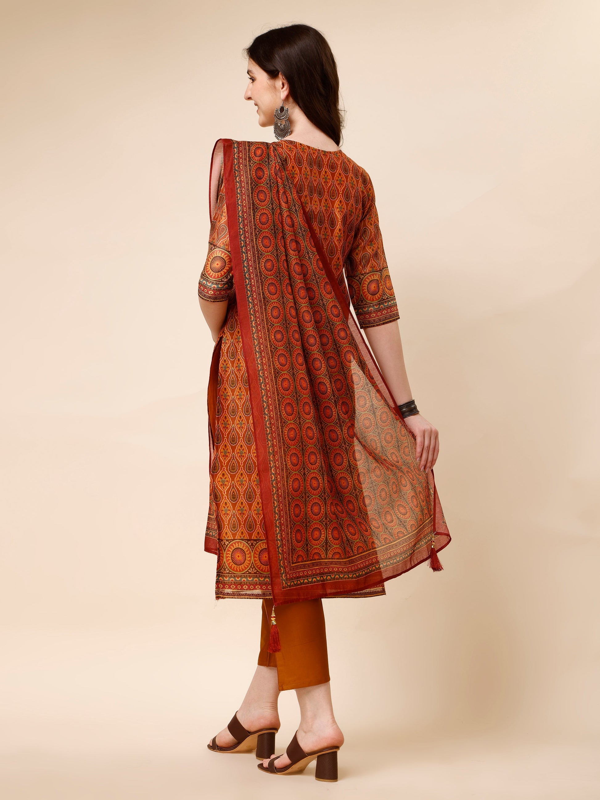 Ethnic Motif Printed & Embroidered Kurta With Pant & Dupatta Set, Multicolor - Hiral Fashion