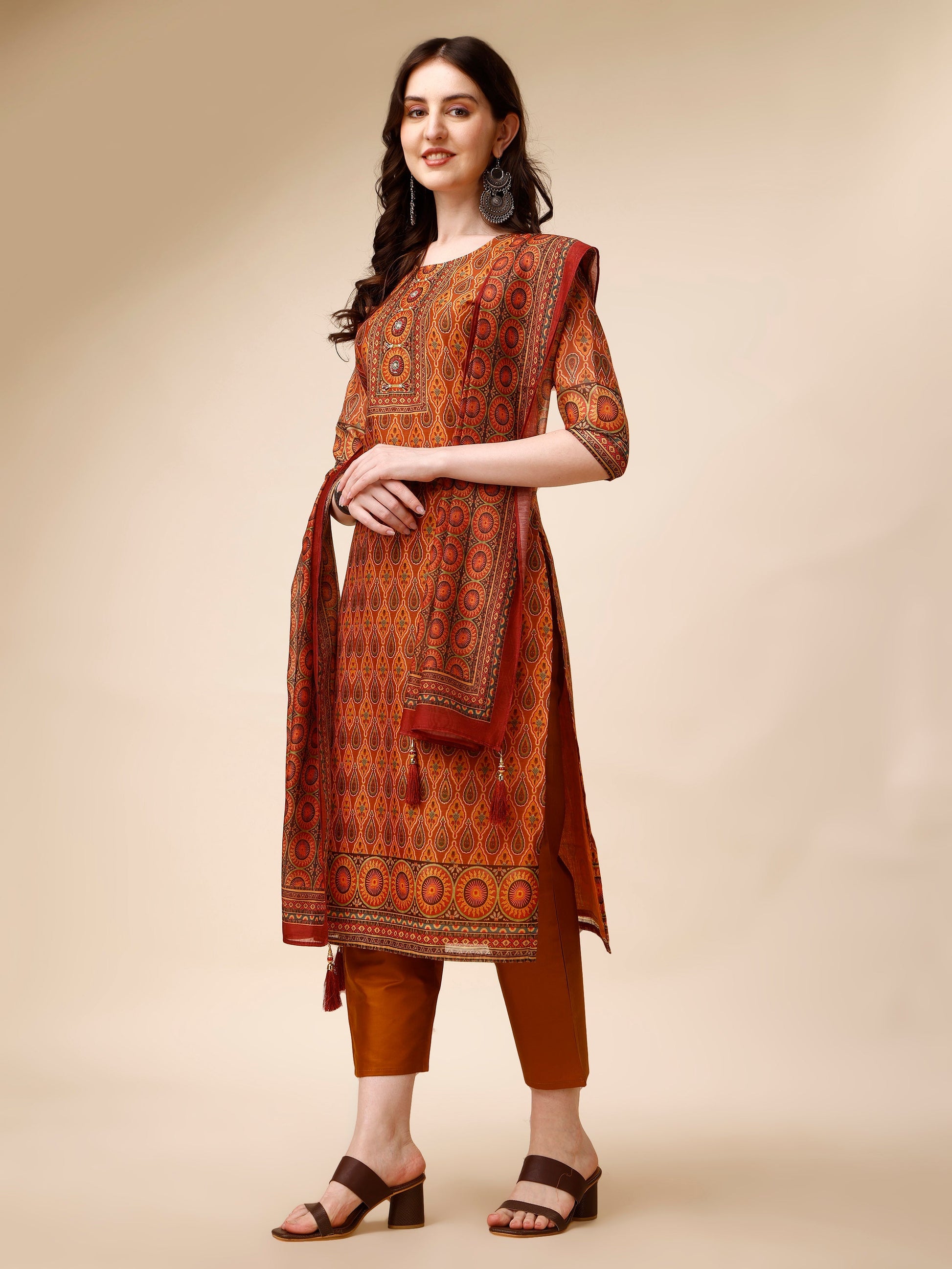 Ethnic Motif Printed & Embroidered Kurta With Pant & Dupatta Set, Multicolor - Hiral Fashion