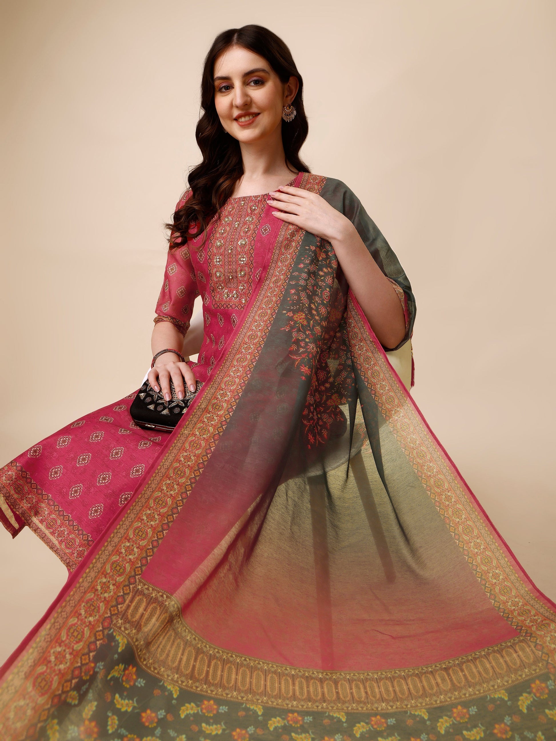 Printed & Embroidered Kurta With Pant & Dupatta Set, Multicolor - Hiral Fashion