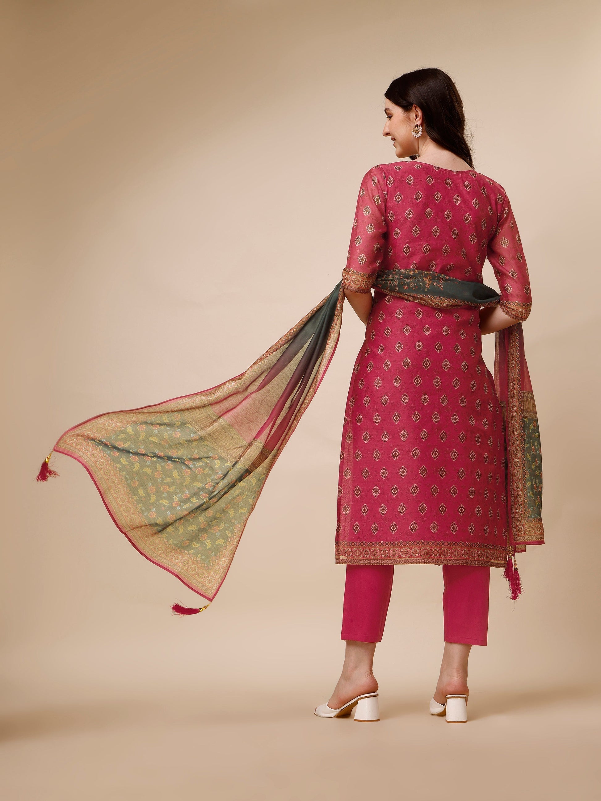 Printed & Embroidered Kurta With Pant & Dupatta Set, Multicolor - Hiral Fashion