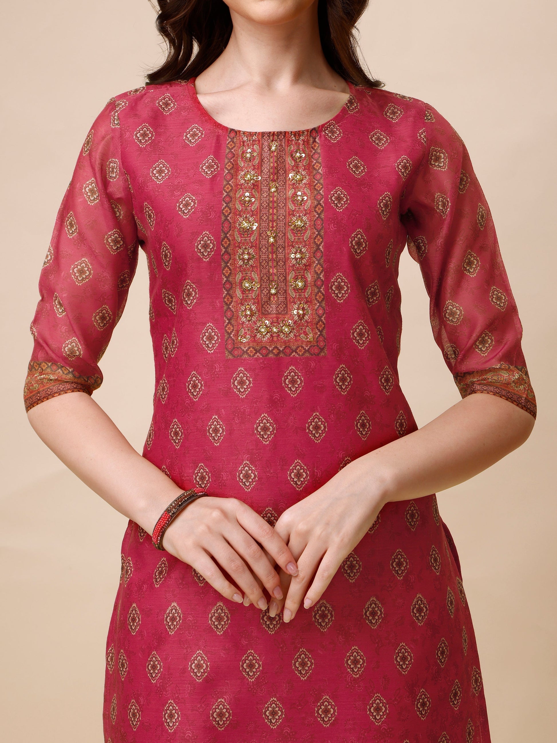 Printed & Embroidered Kurta With Pant & Dupatta Set, Multicolor - Hiral Fashion