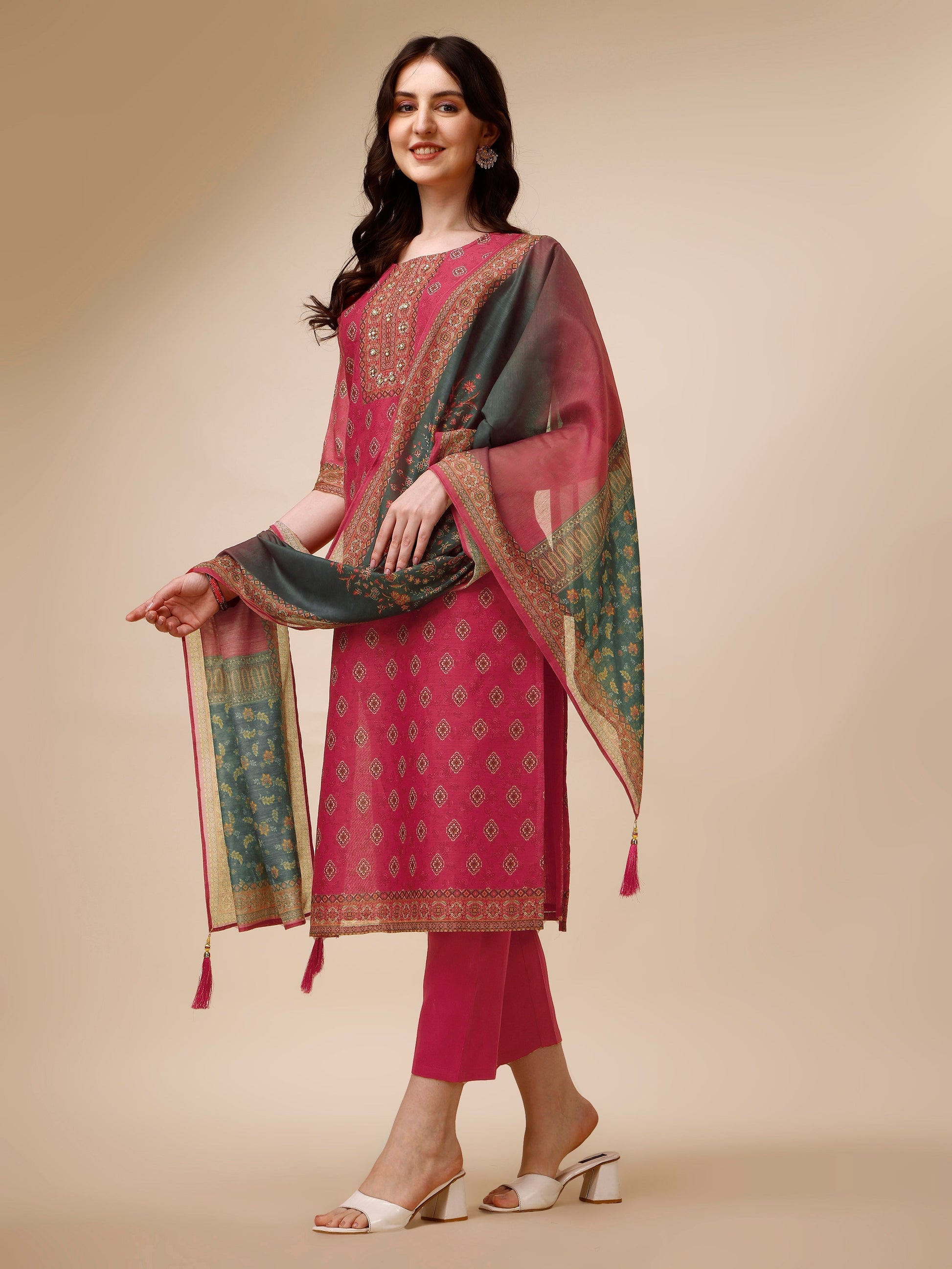 Printed & Embroidered Kurta With Pant & Dupatta Set, Multicolor - Hiral Fashion