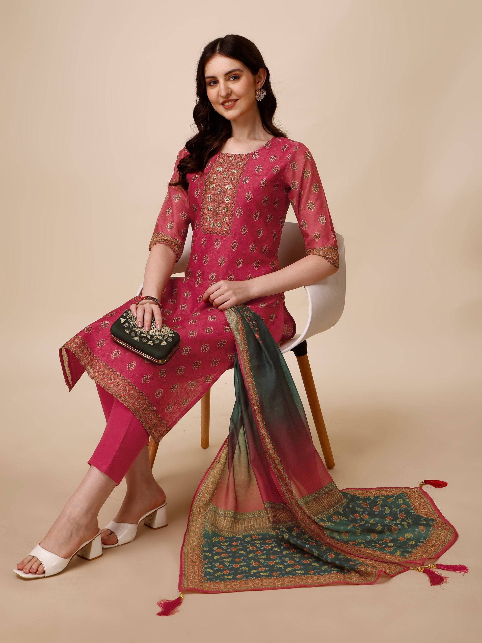 Printed & Embroidered Kurta With Pant & Dupatta Set, Multicolor - Hiral Fashion