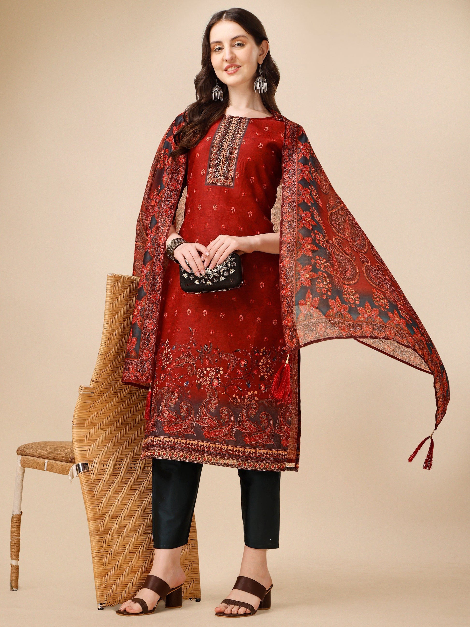 Printed And Embroidered Kurta With Pant And Dupatta Set, Multicolor - Hiral Fashion