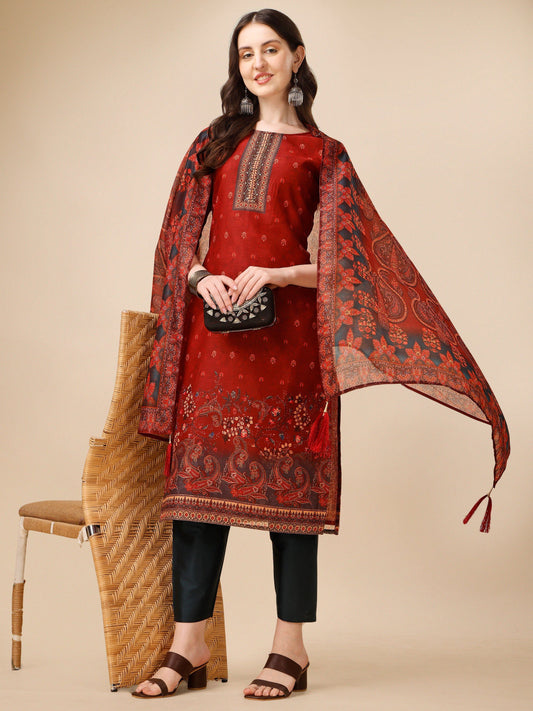 Printed And Embroidered Kurta With Pant And Dupatta Set, Multicolor - Hiral Fashion