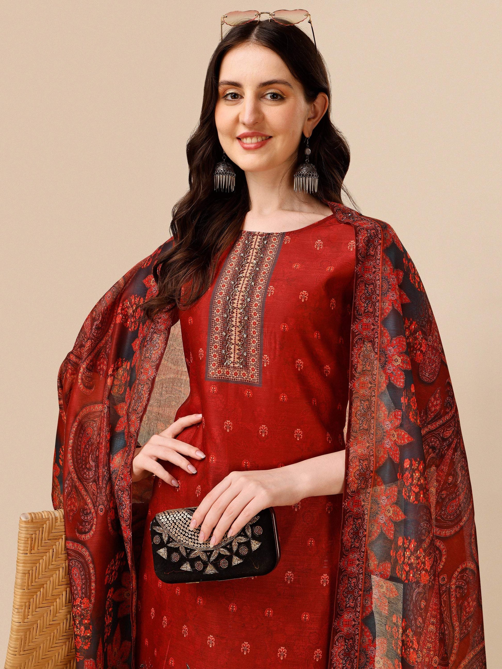 Printed And Embroidered Kurta With Pant And Dupatta Set, Multicolor - Hiral Fashion