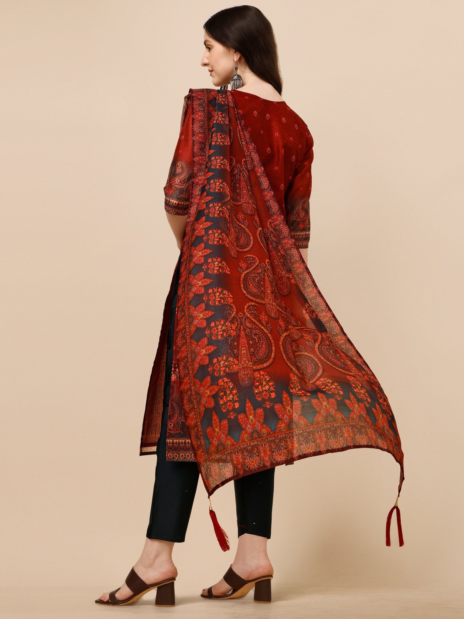 Printed And Embroidered Kurta With Pant And Dupatta Set, Multicolor - Hiral Fashion