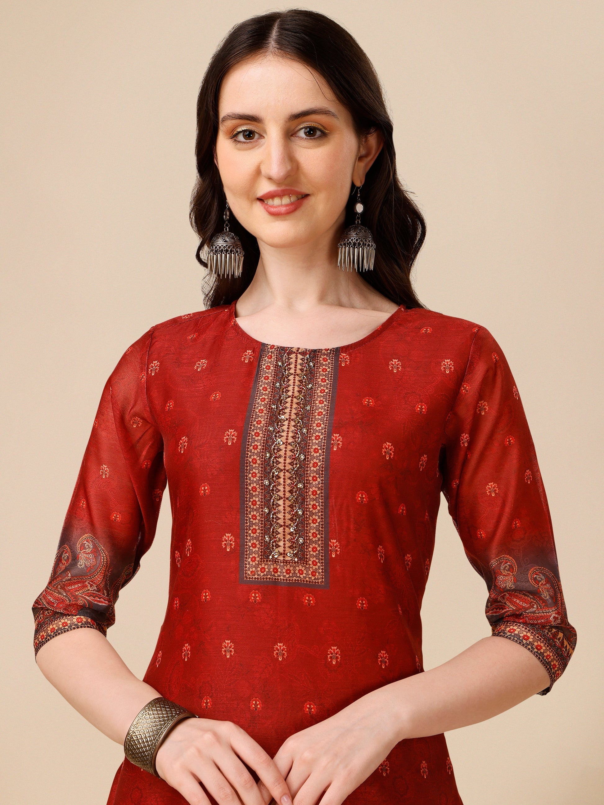 Printed And Embroidered Kurta With Pant And Dupatta Set, Multicolor - Hiral Fashion