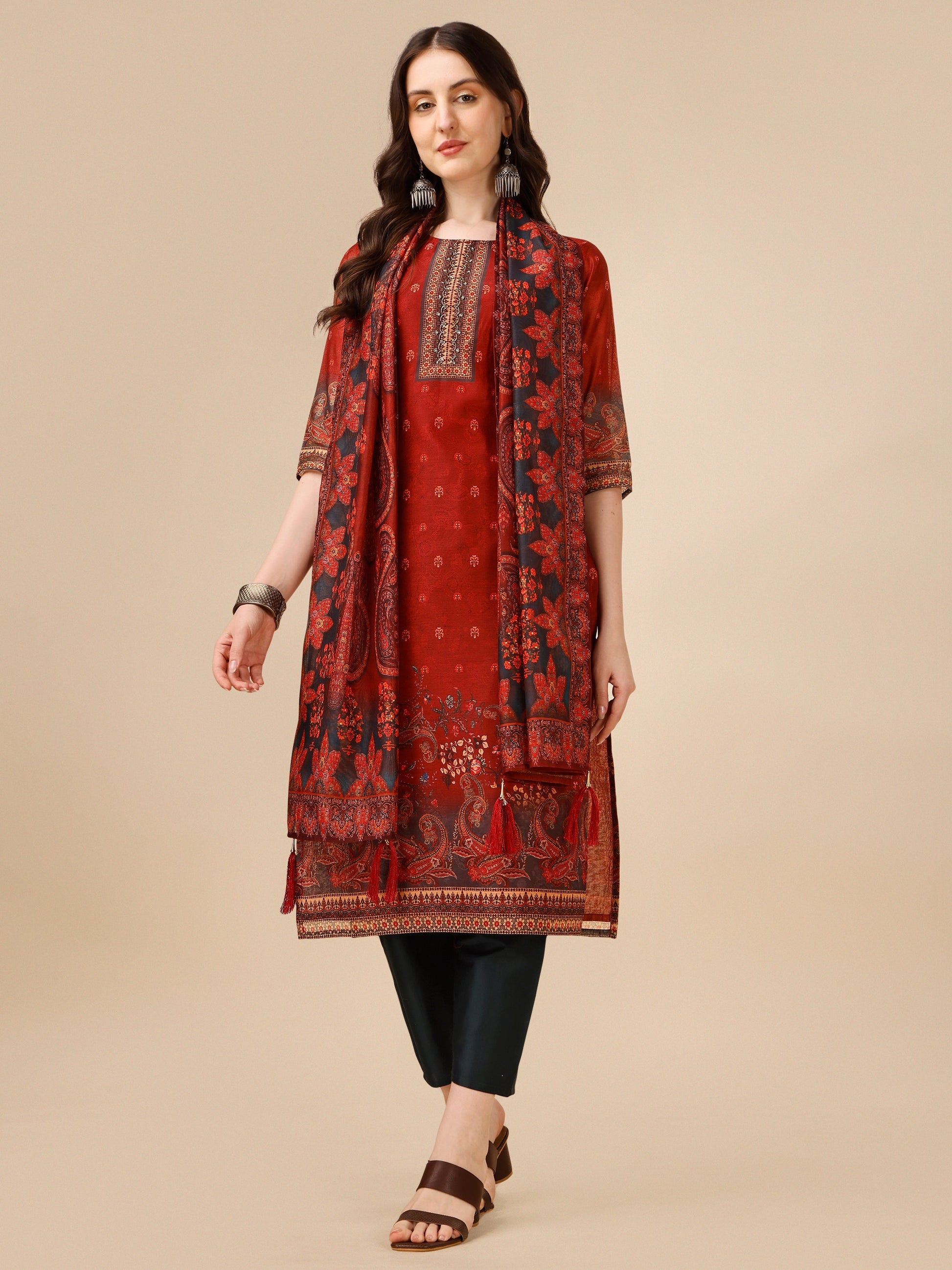 Printed And Embroidered Kurta With Pant And Dupatta Set, Multicolor - Hiral Fashion