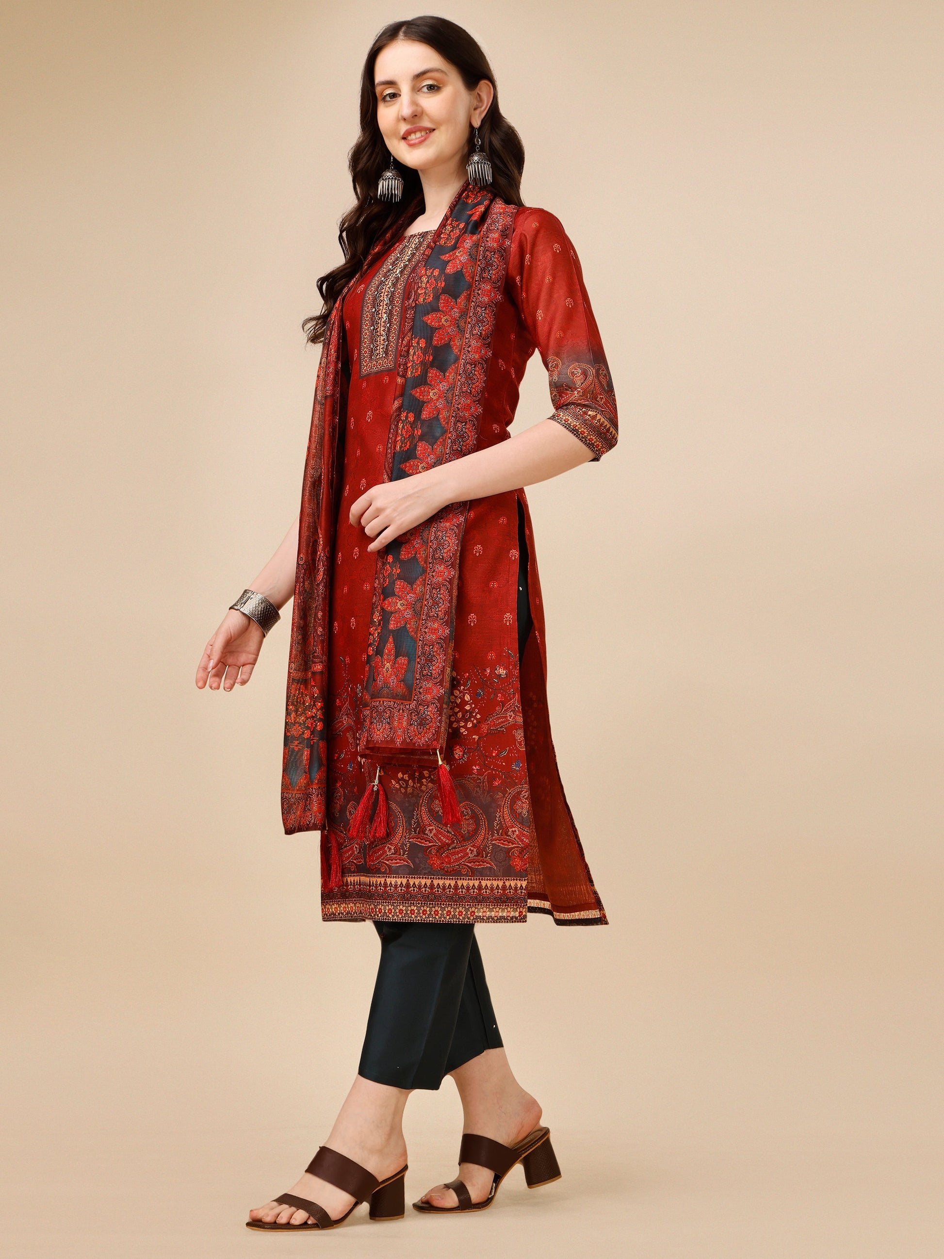 Printed And Embroidered Kurta With Pant And Dupatta Set, Multicolor - Hiral Fashion
