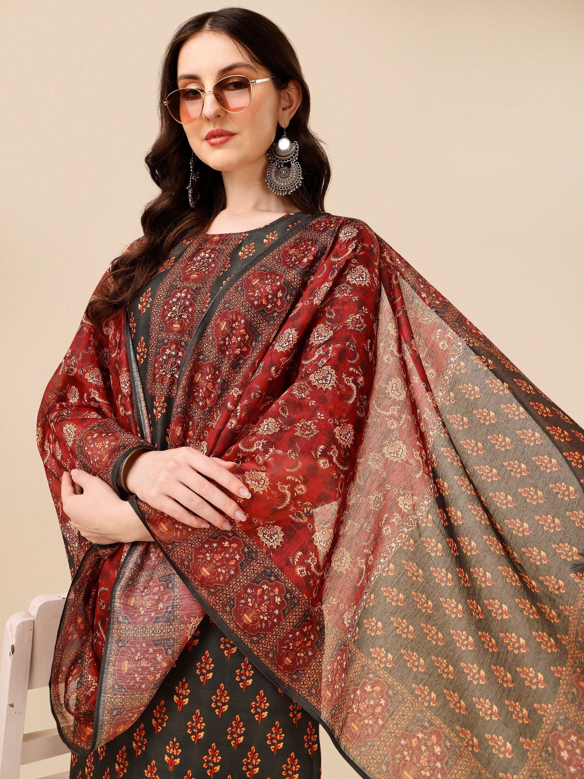 Printed And Embroidered Kurta With Pant & Dupatta Set, Multicolor - Hiral Fashion