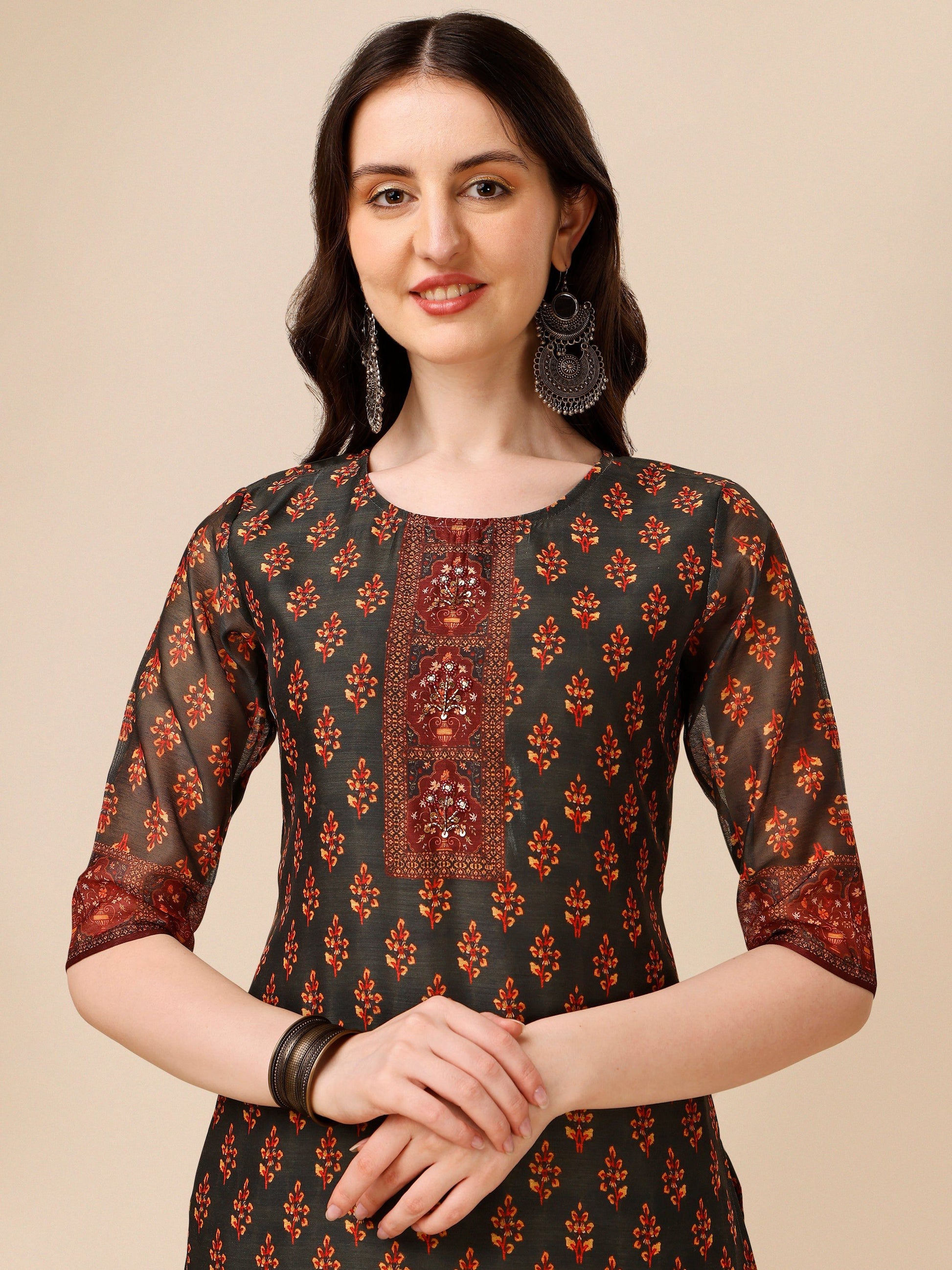 Printed And Embroidered Kurta With Pant & Dupatta Set, Multicolor - Hiral Fashion