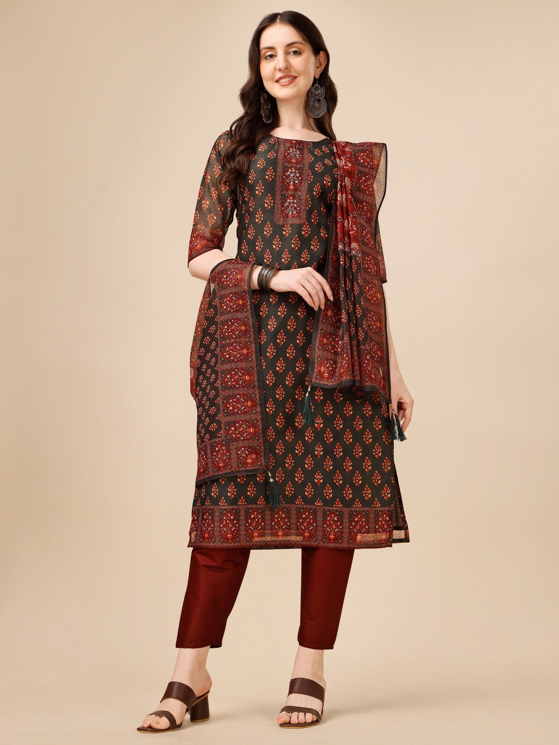 Printed And Embroidered Kurta With Pant & Dupatta Set, Multicolor - Hiral Fashion