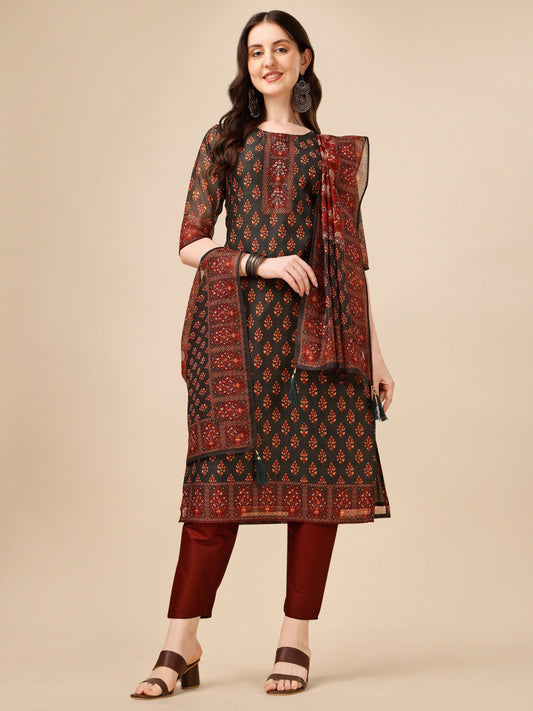Printed And Embroidered Kurta With Pant & Dupatta Set, Multicolor - Hiral Fashion