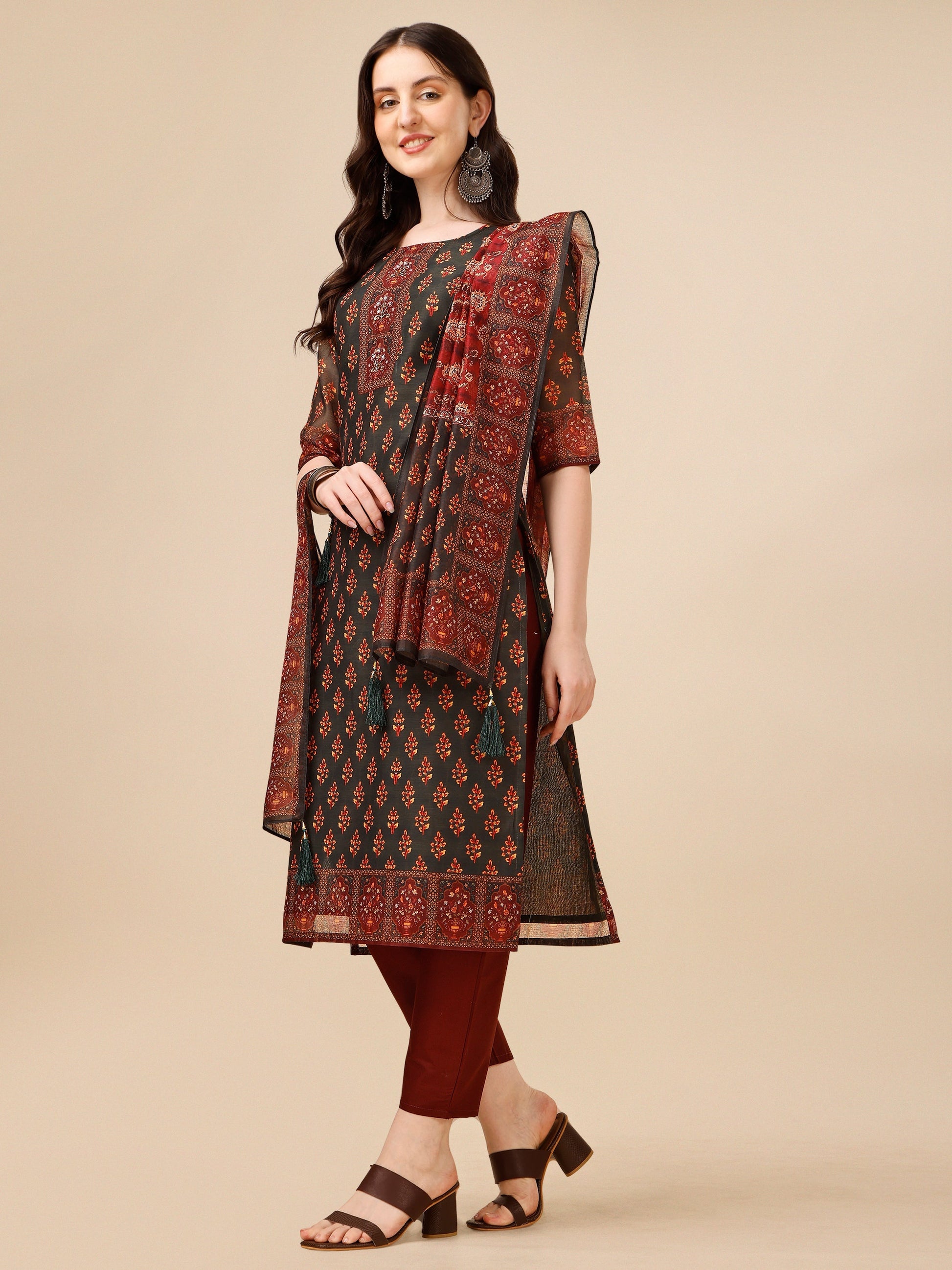 Printed And Embroidered Kurta With Pant & Dupatta Set, Multicolor - Hiral Fashion