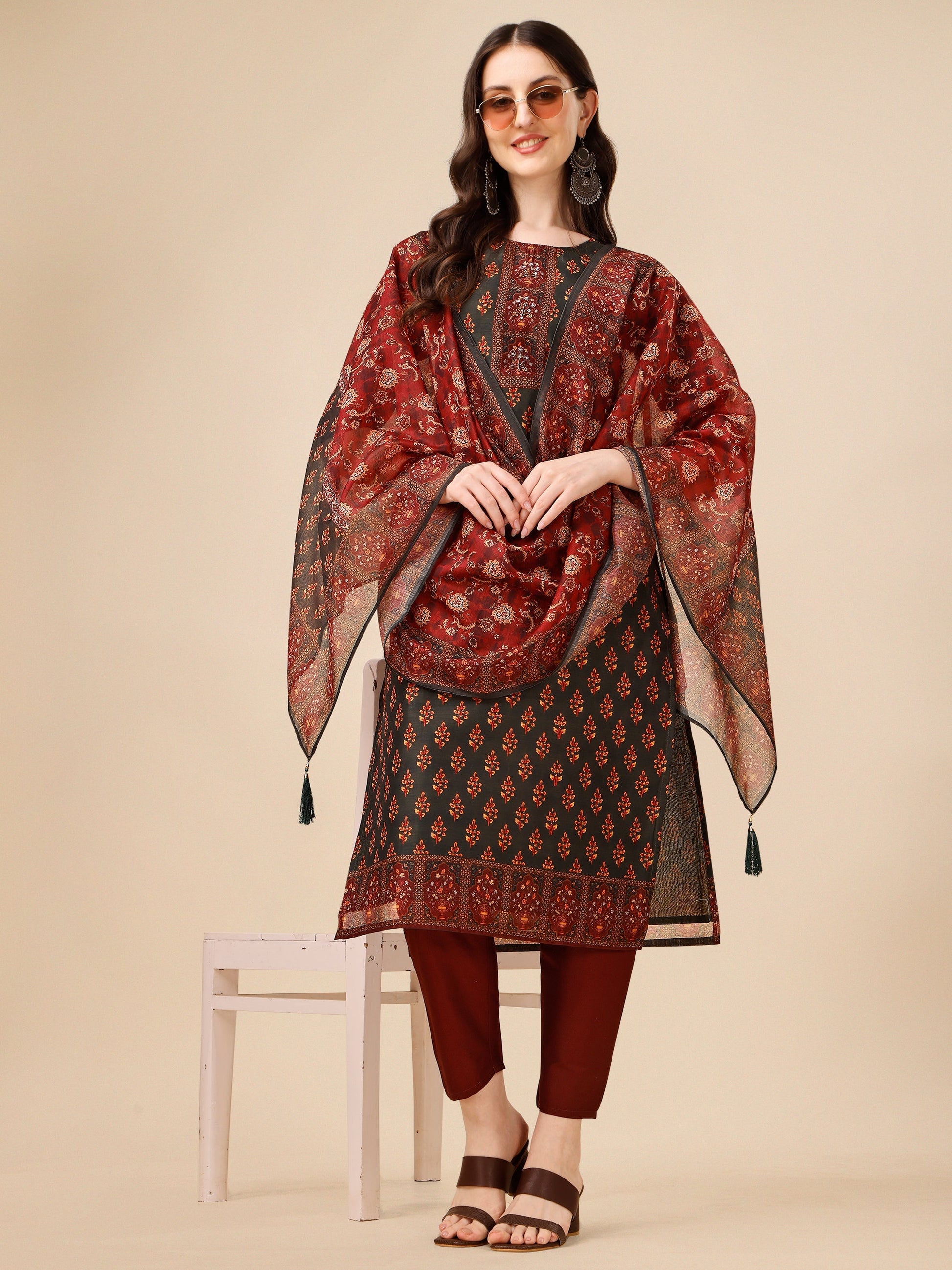 Printed And Embroidered Kurta With Pant & Dupatta Set, Multicolor - Hiral Fashion