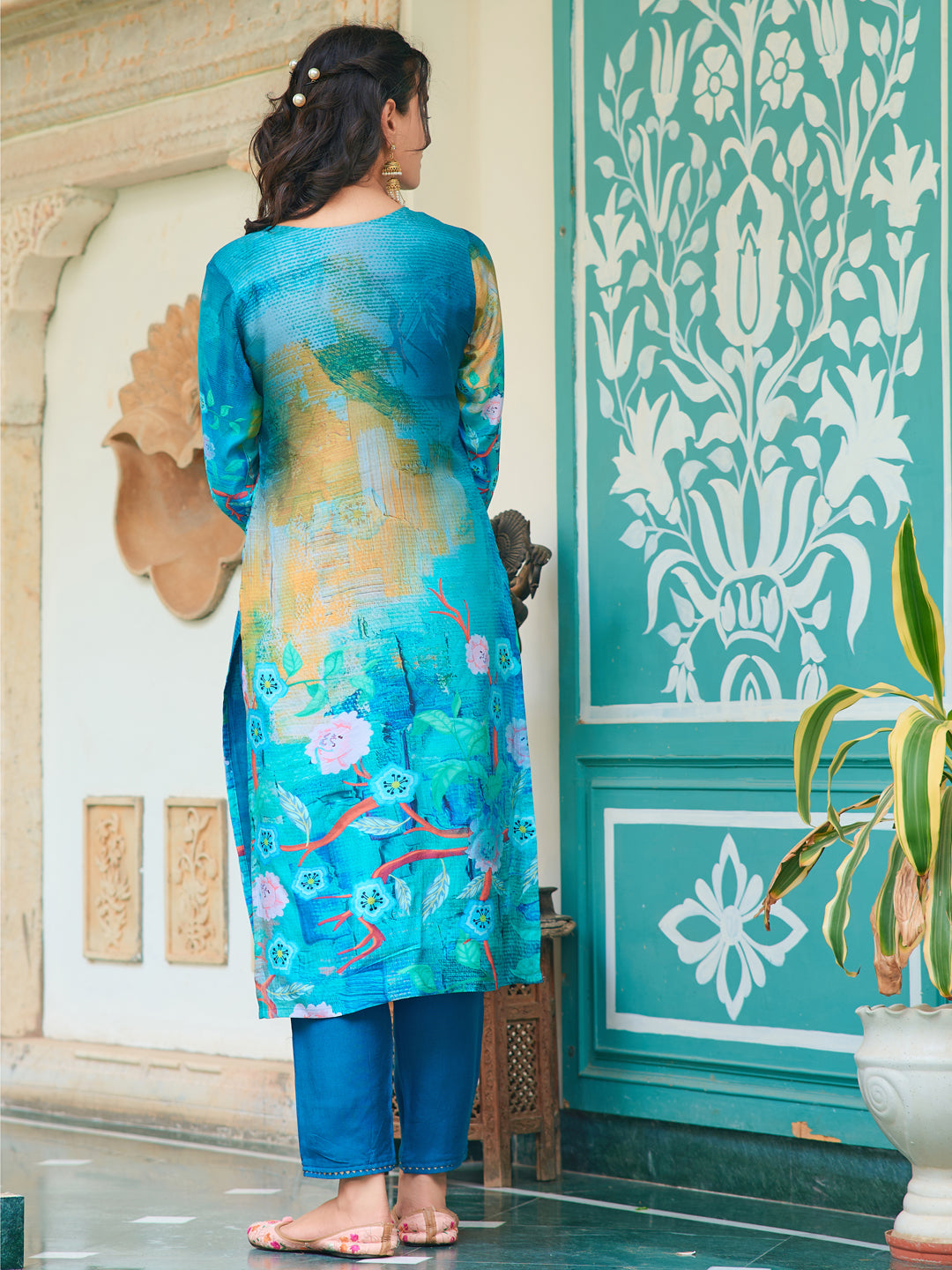 Hand Embroidered & Digital Printed Muslin Kurta With Pant & Printed Dupatta, Blue - Hiral Fashion