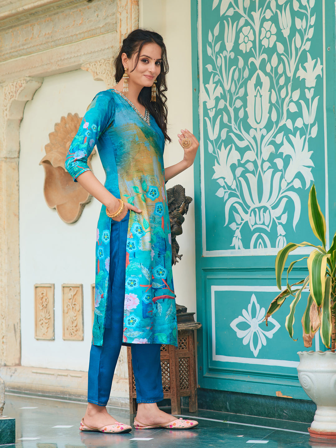Hand Embroidered & Digital Printed Muslin Kurta With Pant & Printed Dupatta, Blue - Hiral Fashion