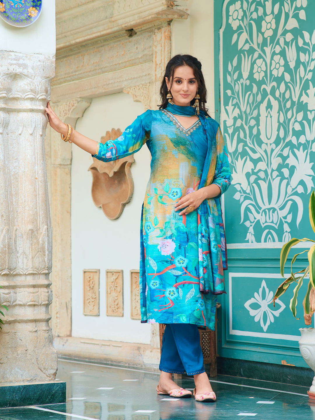 Hand Embroidered & Digital Printed Muslin Kurta With Pant & Printed Dupatta, Blue - Hiral Fashion