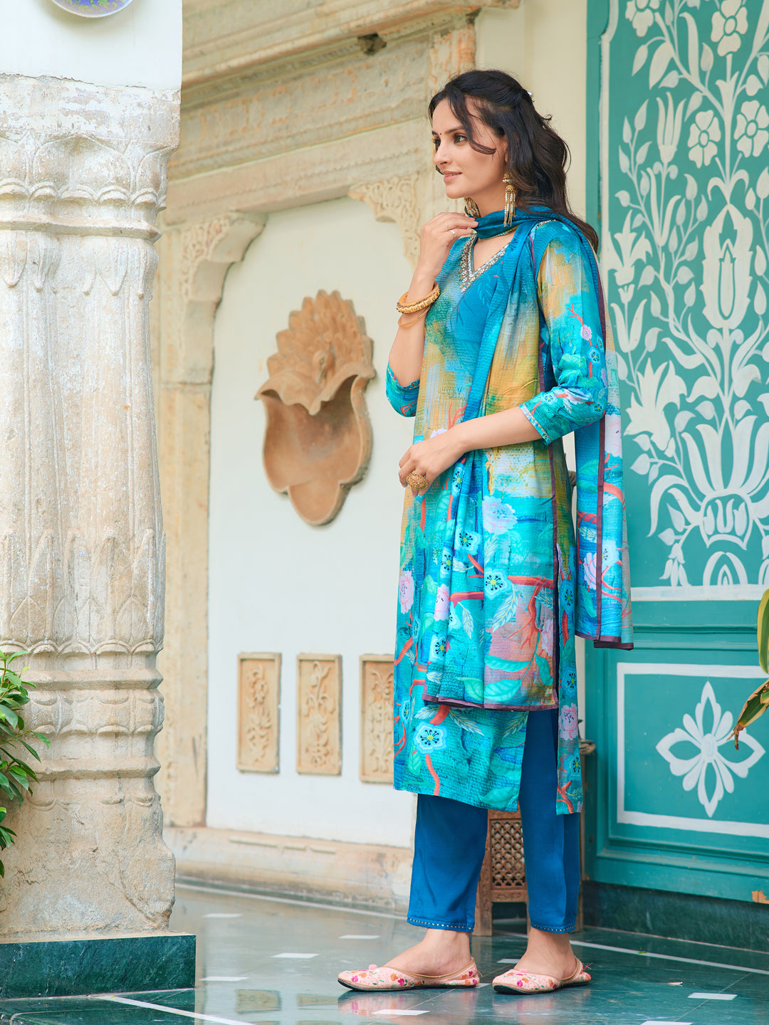 Hand Embroidered & Digital Printed Muslin Kurta With Pant & Printed Dupatta, Blue - Hiral Fashion